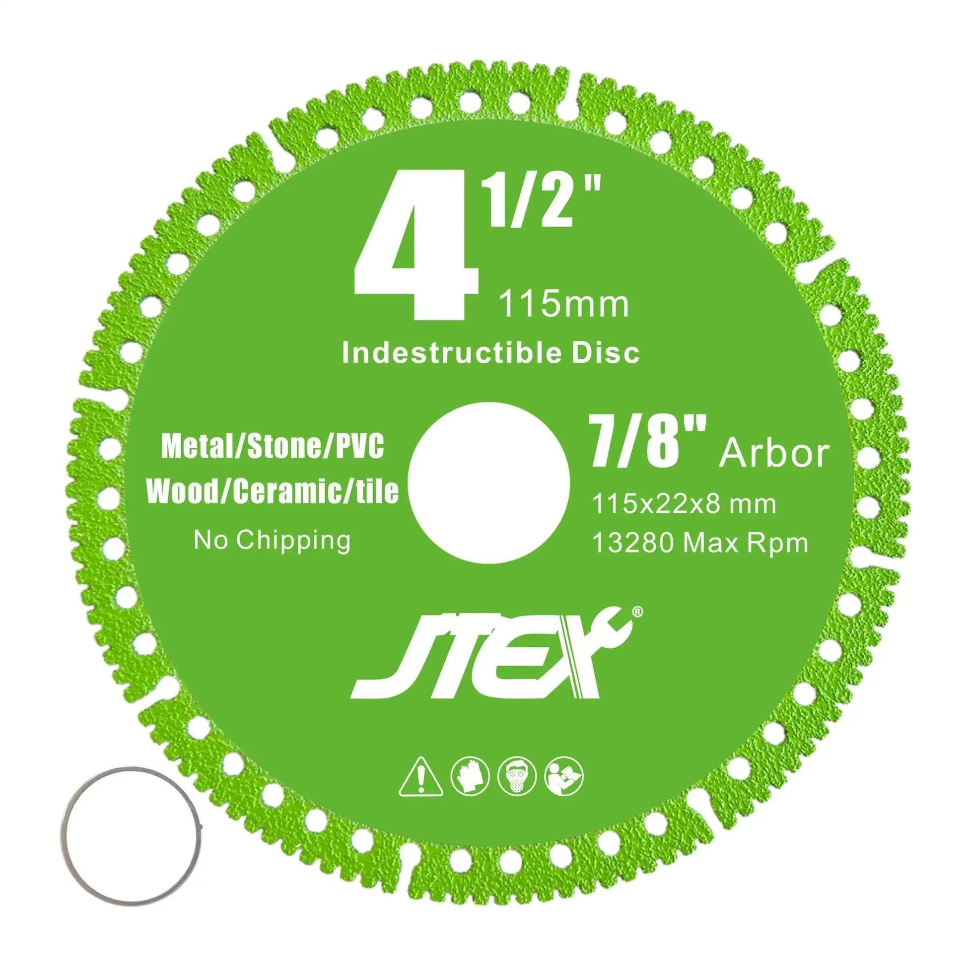 Front view of Indestructible Four And A Half Inch Beast Diamond Cutting Disc For Angle Grinder Seven Eighths Inch Arbor Multi Material Diamond Blade For Metal Rebar Tile Stone PVC Pipes Great For Cutting Grinding And Chamfering Three Pack JTEX