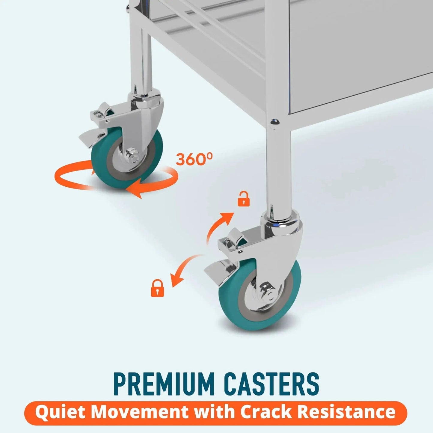 Improved Medical Stainless Steel Two Tier Rolling Cart With Wheels And Drawers, focus on premium locking casters with 360-degree rotation.