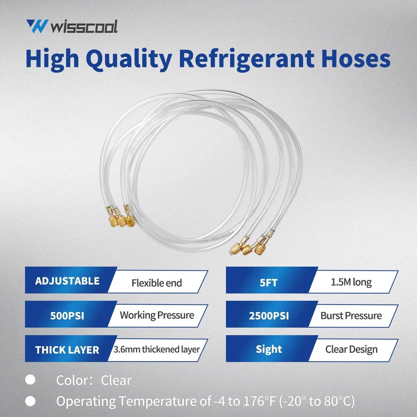 Universal 1/4 Inch Refrigerant Charging Hoses Set Of 3, 60 Inch Length, flexible clear hoses with 1/4 flare fittings