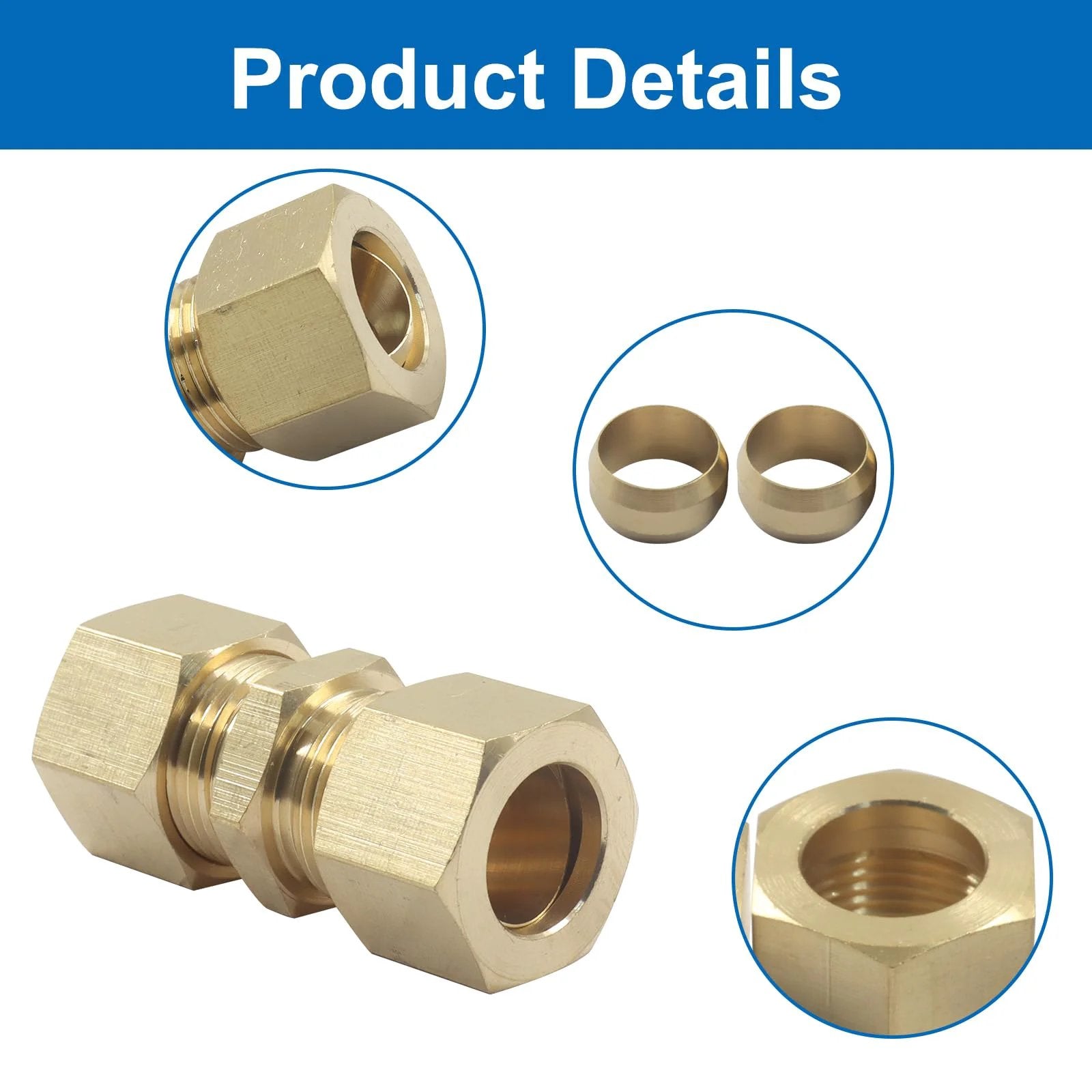 Heavy Duty Brass Compression Fittings One Half Inch OD To One Half Inch OD Five Pack Universal Connector For High Pressure Water Oil And Gas Lines Corrosion Resistant Refrigerator Water Line Compatible Ideal For Three Eighths Brake Line By Aoserge, product details showing front and side views.