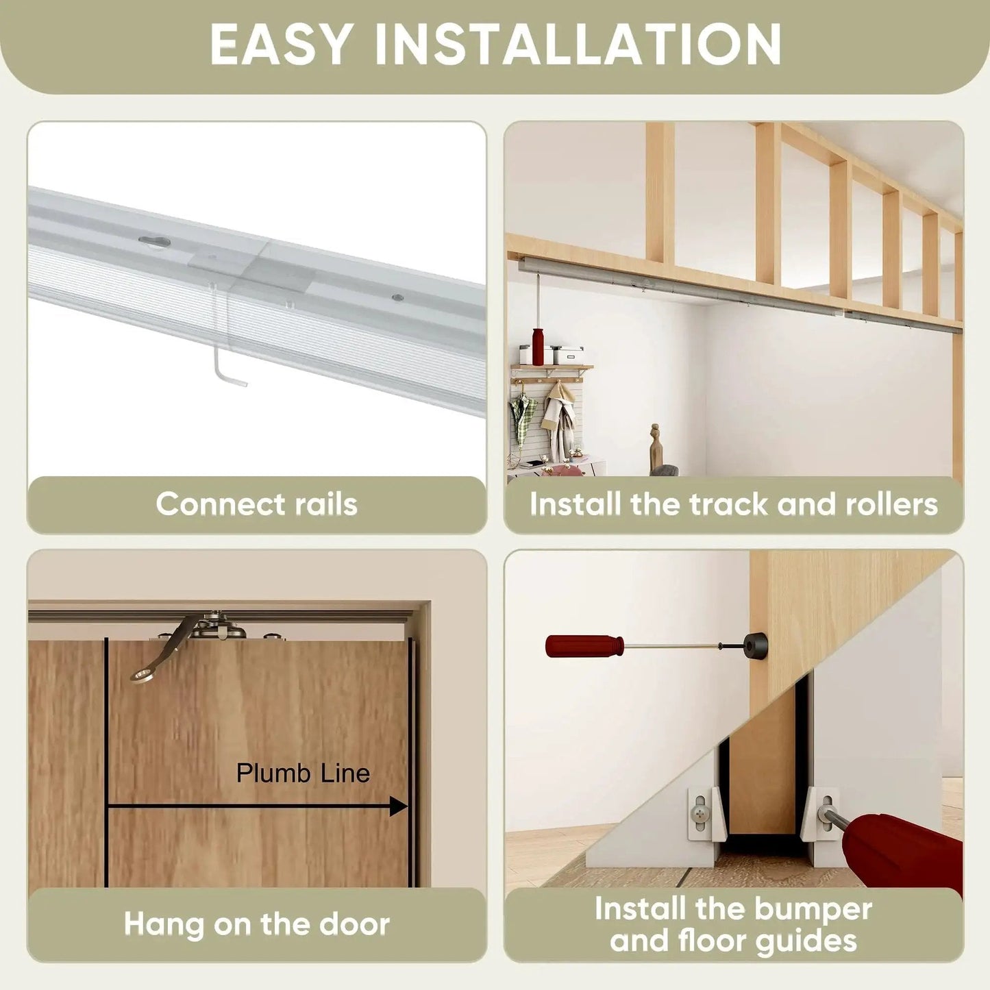 Easy installation steps for Concealed Sliding Pocket Door Track Kit With 12 Foot Dual Rail System For 48 To 72 Inch Wide Double Doors