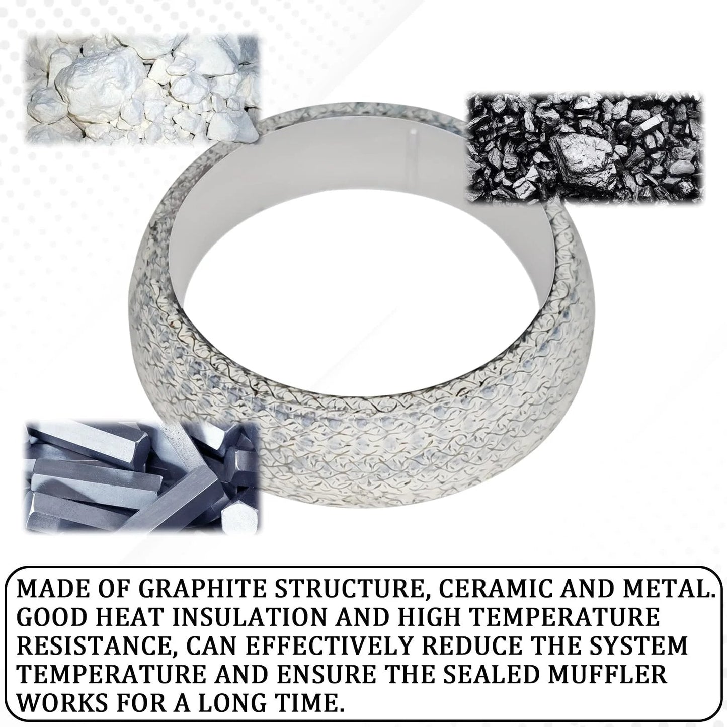 Universal 48mm Graphite Exhaust Flange Gasket Donut Seal for SUV Truck RV shown with graphite and ceramic elements