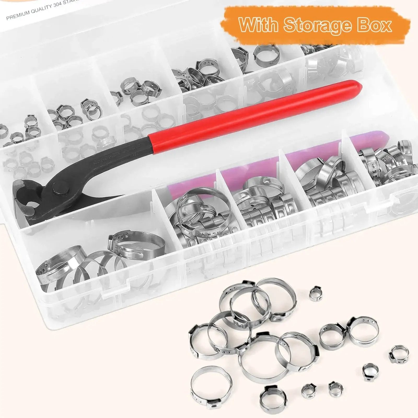 Pro Grade 120 Pcs Ear Hose Clamp Kit With 11 Sizes From 6 To 33.1mm Stepless Cinch Rings Crimp Assortment in box