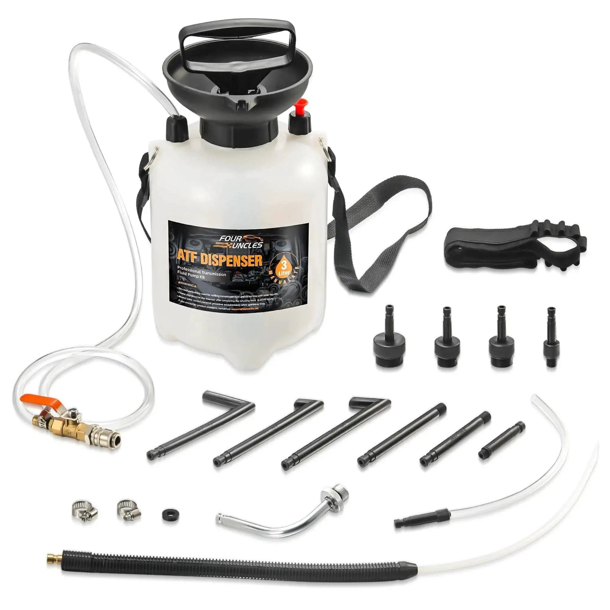 3L Manual Transmission Fluid Transfer Pump Kit With ATF Adapters For Automotive showing pump, adapters, and hose.