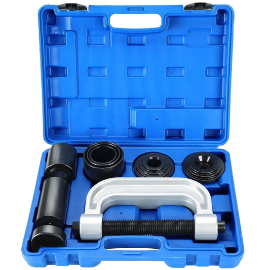 Ball Joint Press And U Joint Tool With 4x4 Adapters For Cars And Trucks in blue blow mold case