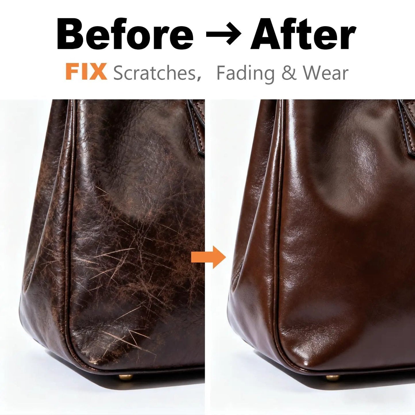 Dark Brown Leather Repair Kit With Recoloring Balm And Dye For Scratches, Fading, And Worn Leather Or Vinyl On Couches, Car Seats, Boots, And Furniture before and after side-by-side comparison of leather restoration.