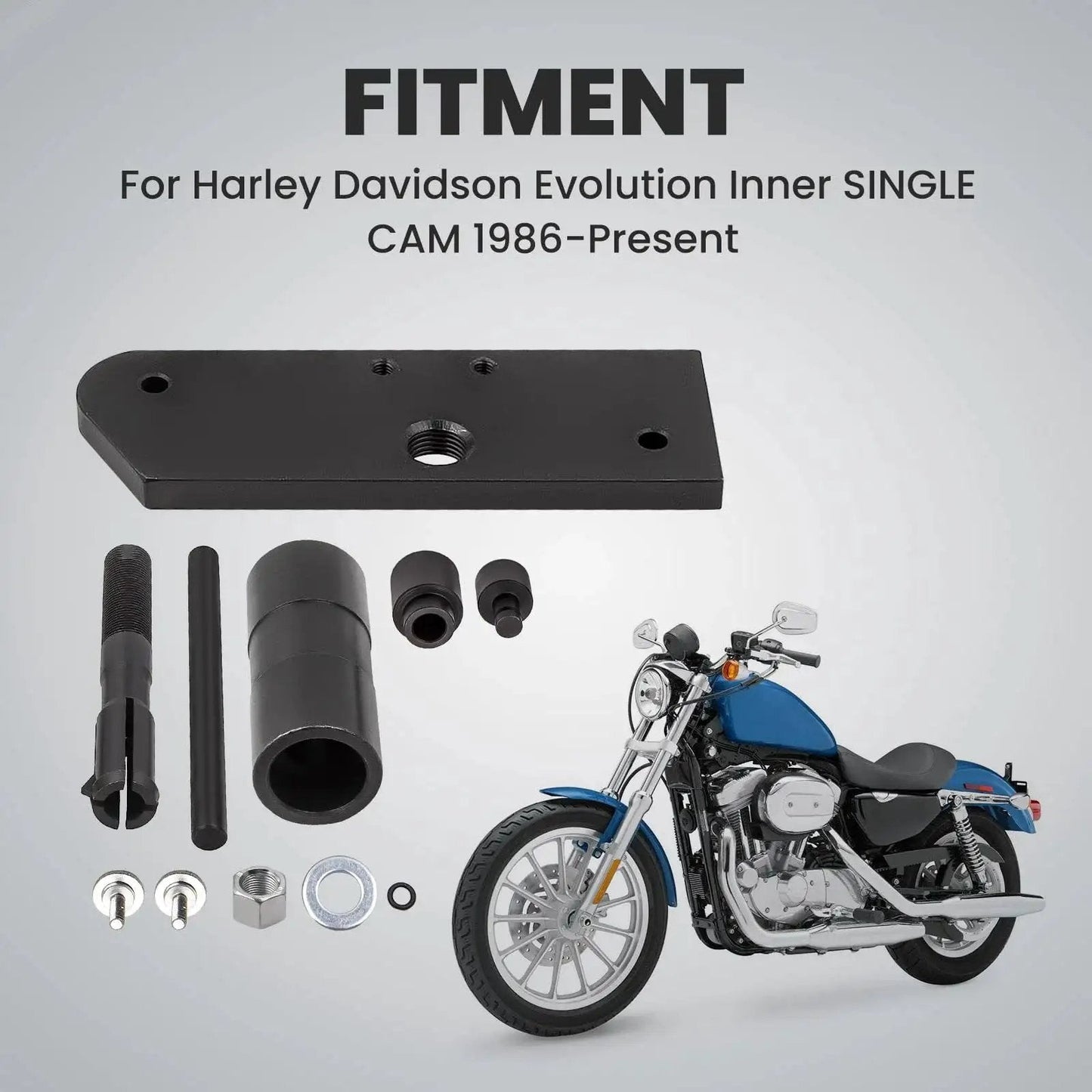 Single Engine Inner Camshaft Bearing Installer And Puller Tool For Harley Evolution 1986 To Present displayed with motorcycle.