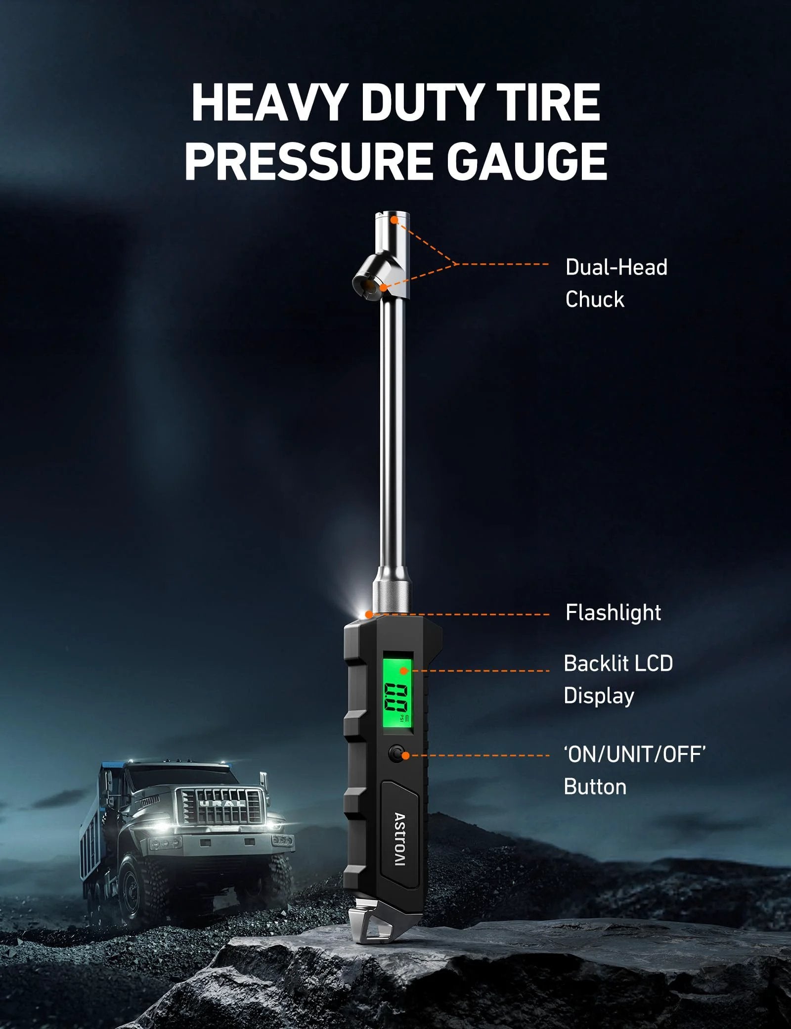 Heavy Duty Digital Tire Pressure Gauge With Backlit LCD And Built In Flashlight, 0-230 PSI, ANSI B40.7 Grade 2A Calibrated, Stainless Steel