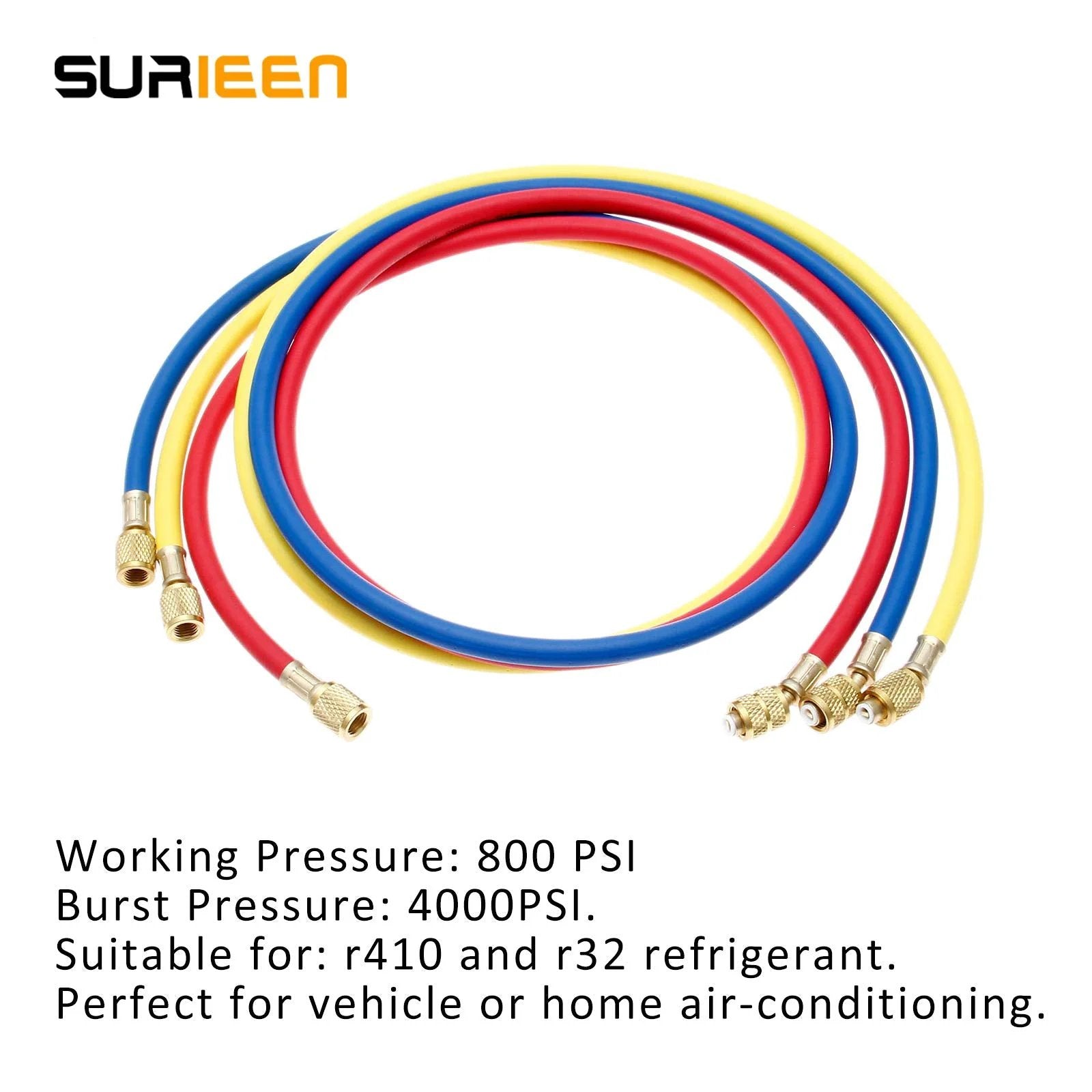 R410A Refrigerant Charging Hoses Set Surieen 60 Inch 1 Quarter SAE To 5 Sixteenth SAE Fits R410 And R32 Air Conditioning And HVAC Manifold Gauge Hose Kit Three Pack 800 PSI Working Pressure 4000 PSI Burst