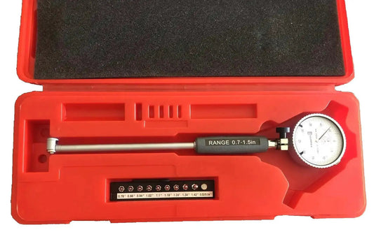 Dial Bore Gage Set 0.7 To 1.5 Inches With Carbide Tipped Contact Points And 0.0005 Inch Graduation, 6 Inch Depth, case open