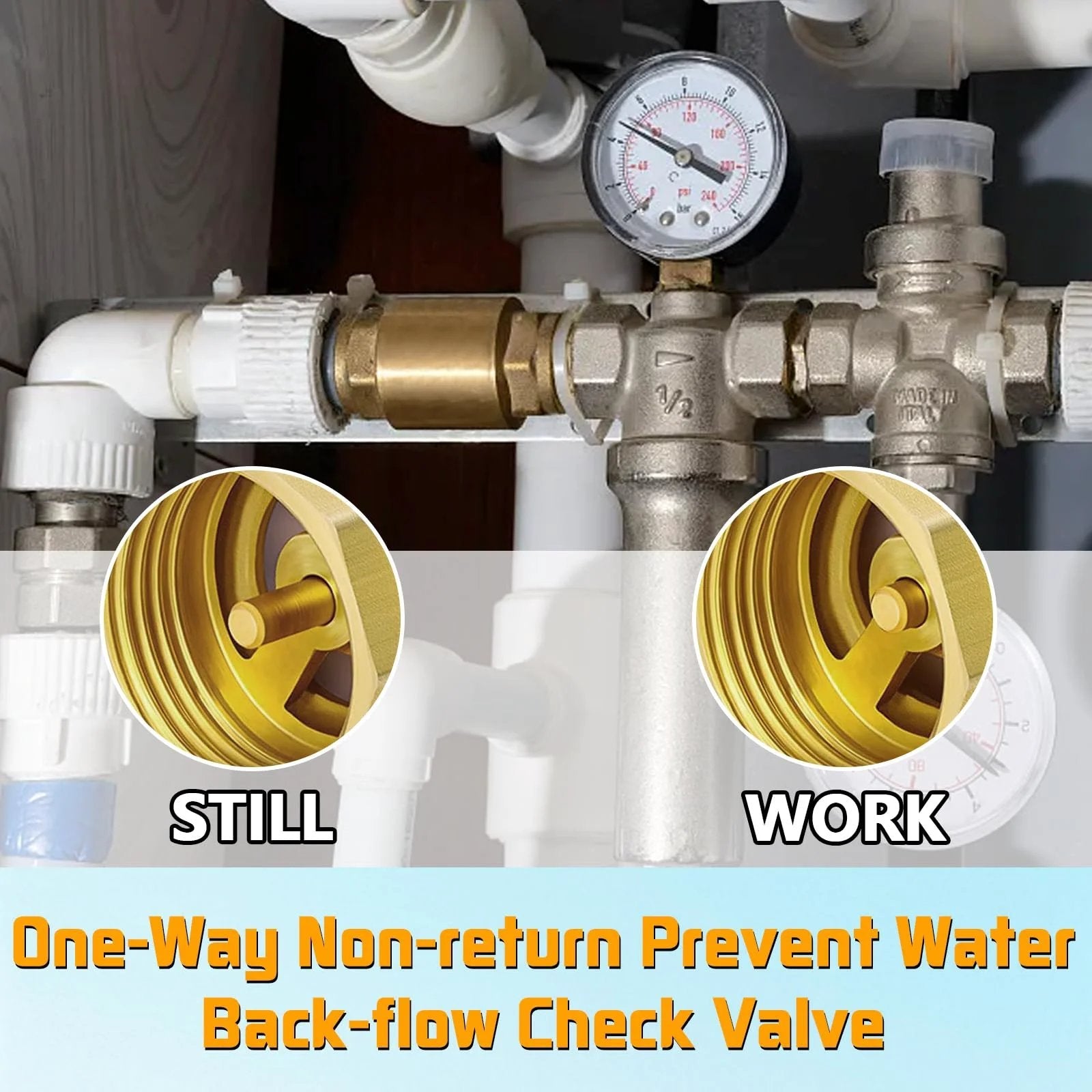 Solid Brass Spring Check Valve One And One Half Inch NPT Female Thread Non Return One Way Inline Water Valve installed in plumbing system