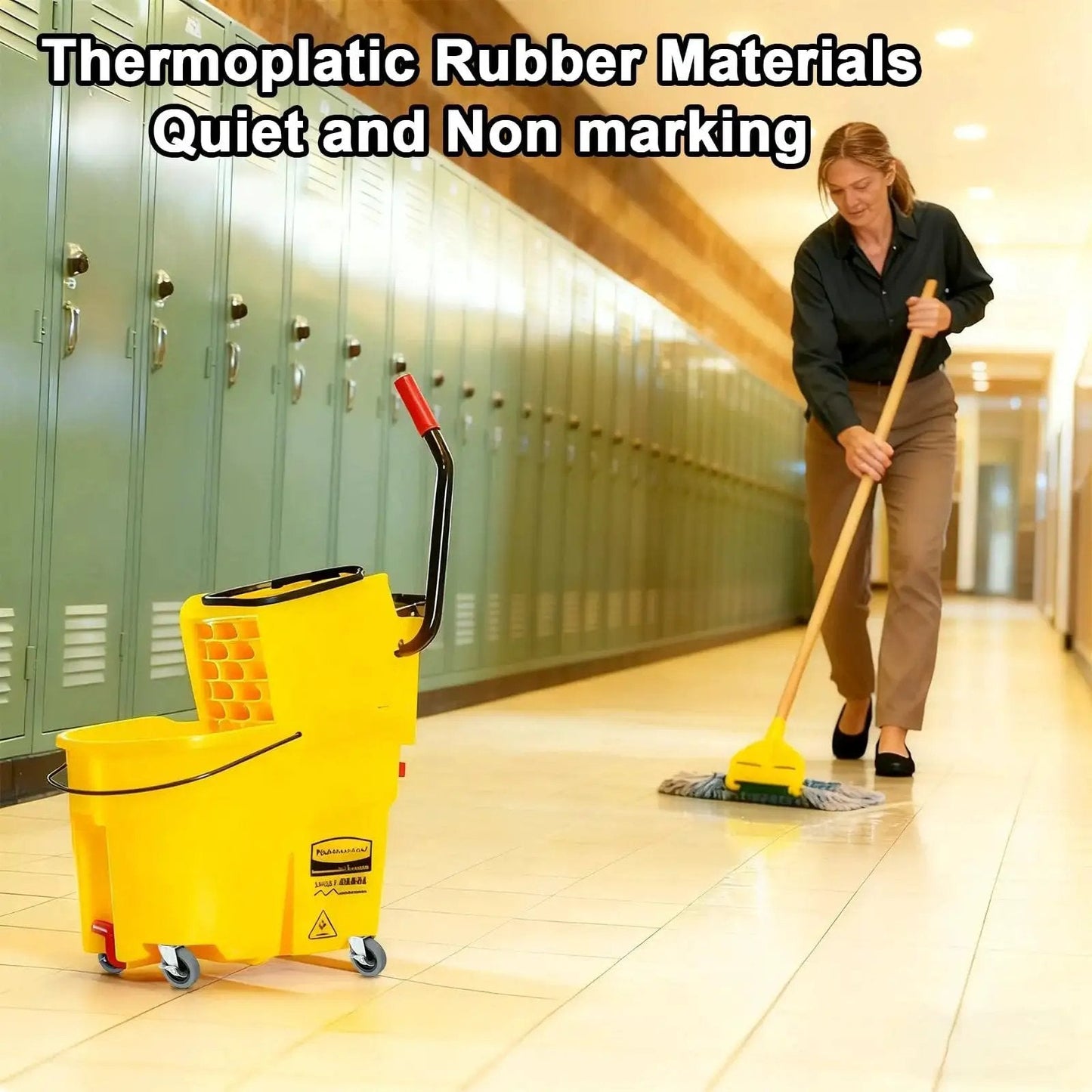 4 Inch Stem Caster Wheels Set Of 4 With Side Brakes Heavy Duty Thermoplastic Rubber Casters on mop bucket in hallway