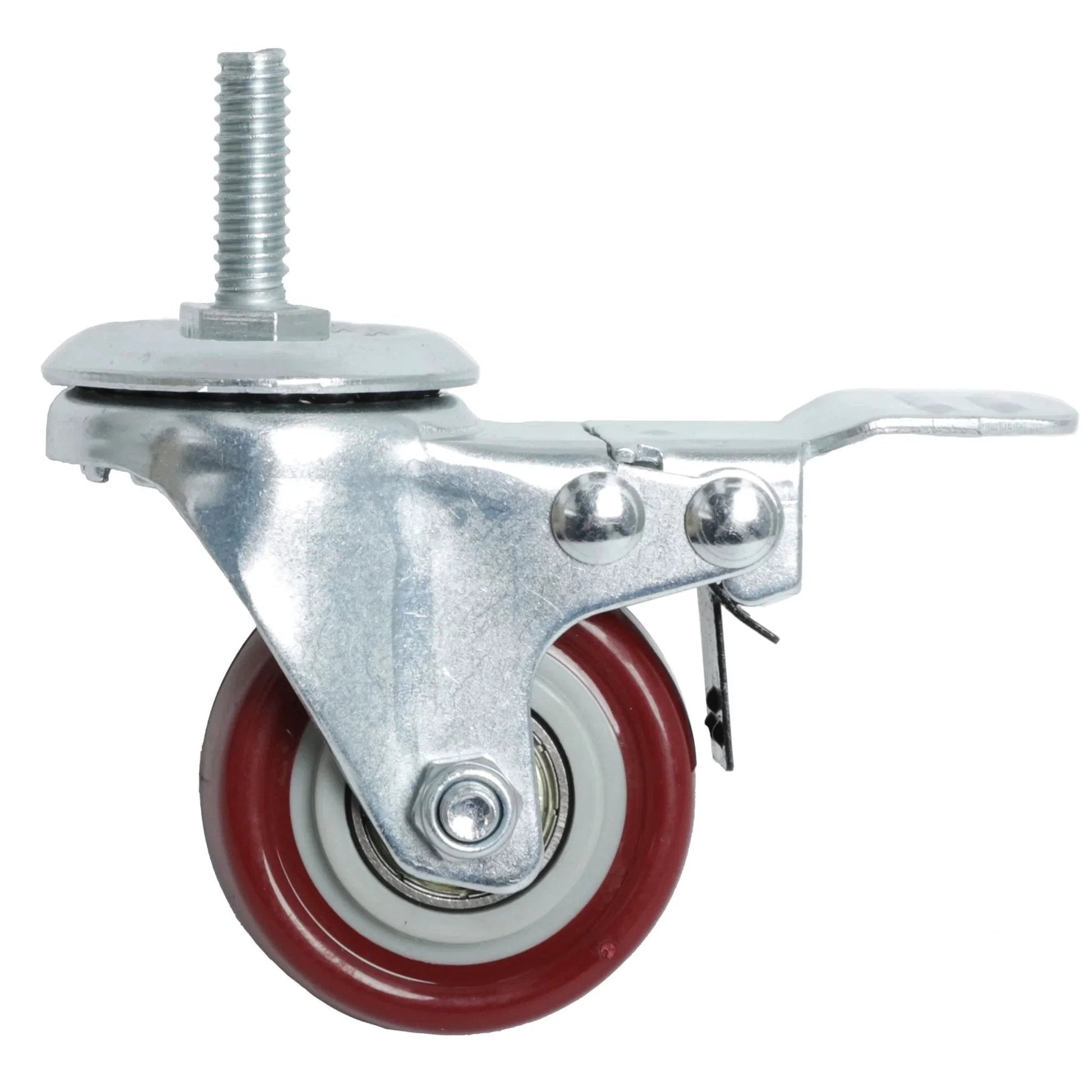 Side view of Heavy Duty Swivel Caster Wheel with brake, 2 inch diameter, polyurethane on steel, red wheel for wire shelves and workbenches.