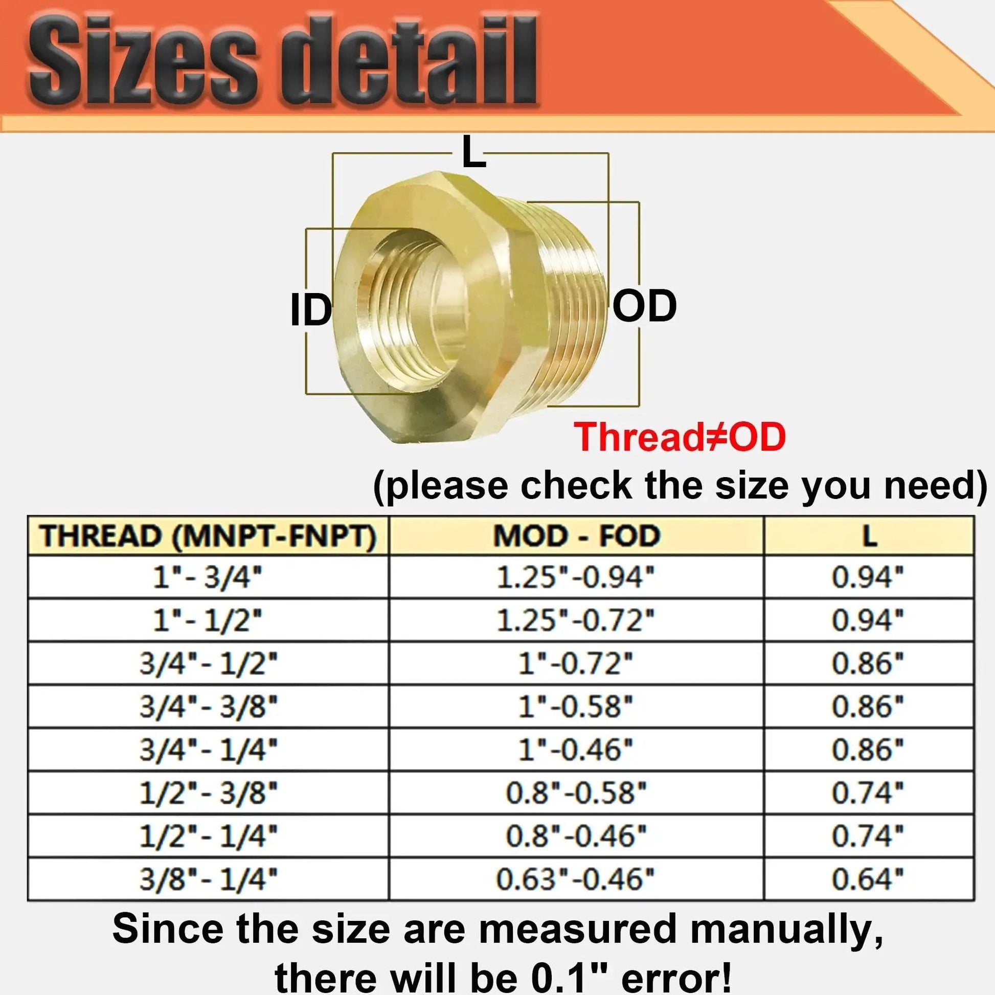 Sizes detail for Brass 3/4 Inch NPT Male To 1/4 Inch Female NPT Reducer Bushing Hex Pipe Fitting Adapter with chart