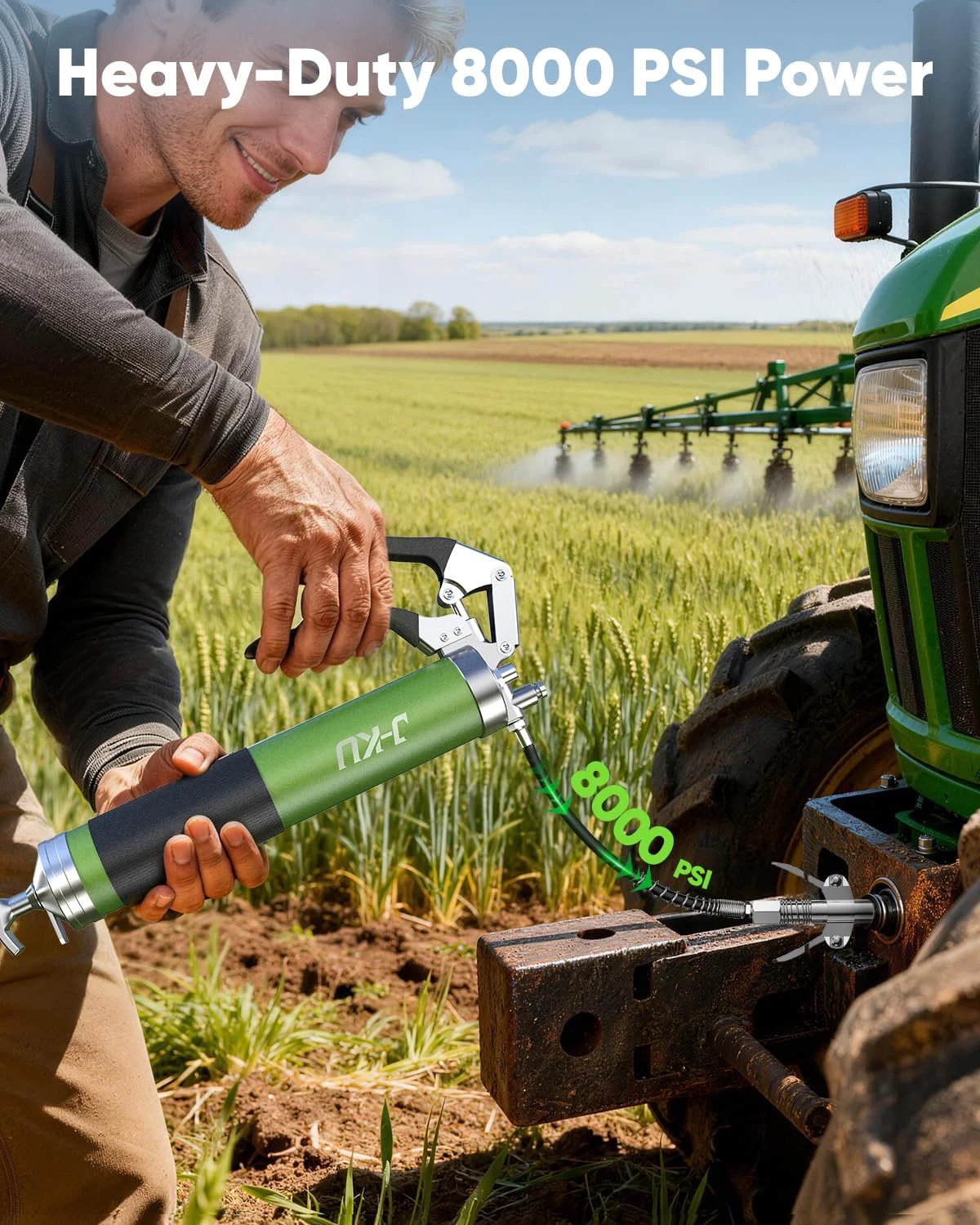 Man using Heavy Duty 8000 PSI Manual Grease Gun Kit With Pistol Grip Air Bleed Valve on tractor in field