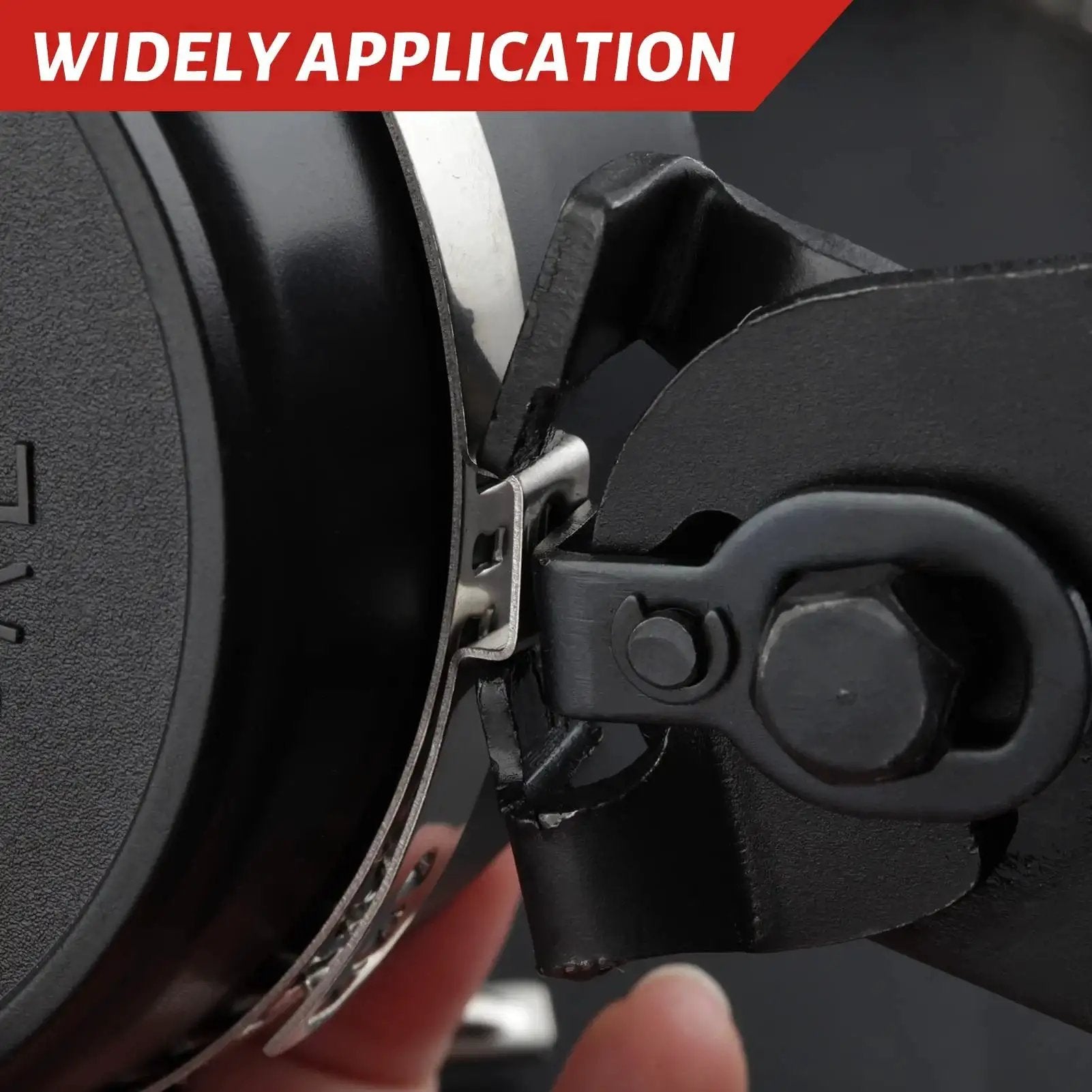 Close-up of All In One Pro Grade CV Joint Boot Clamp Pliers Kit securing a stainless steel clamp band on car part, focus on tool's grip.