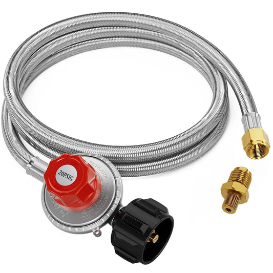 High Pressure 5 Foot Propane Regulator Hose With Adjustable 0 To 20 PSI Braided Stainless Steel For Turkey Fryer Fish Fryer Propane Burner Fire Pit Forge QCC1 And Three Eighths Inch Female Inlet Durable Brass Fittings