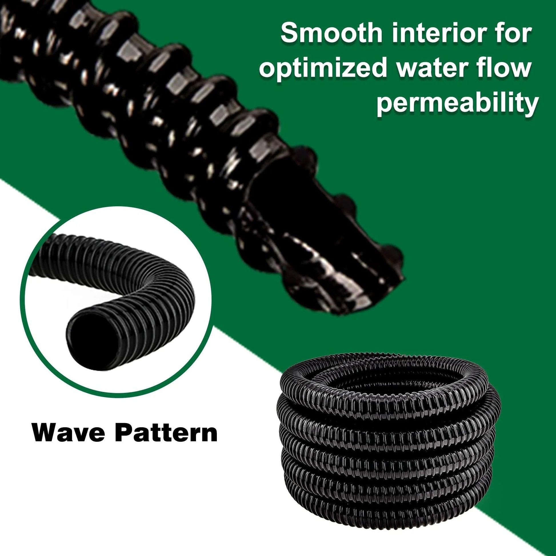 Close-up of Flexible 1 Inch ID Corrugated Pond Hose For Aquarium And Pond Waterfall Systems, 20.6 Ft Black PVC Kinkproof Tubing