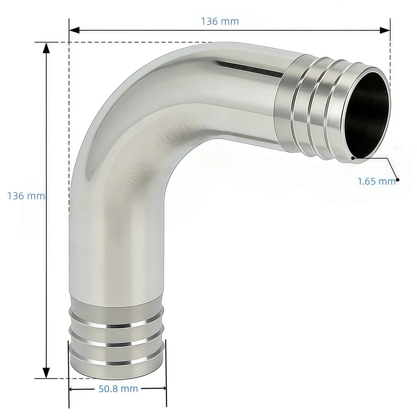 Stainless Steel Sanitary Hose Barb Fitting 2 Inch to 2 Inch 90 Degree Elbow Barbed Ends, Durable 304 Grade, by Lophtnix. Front view