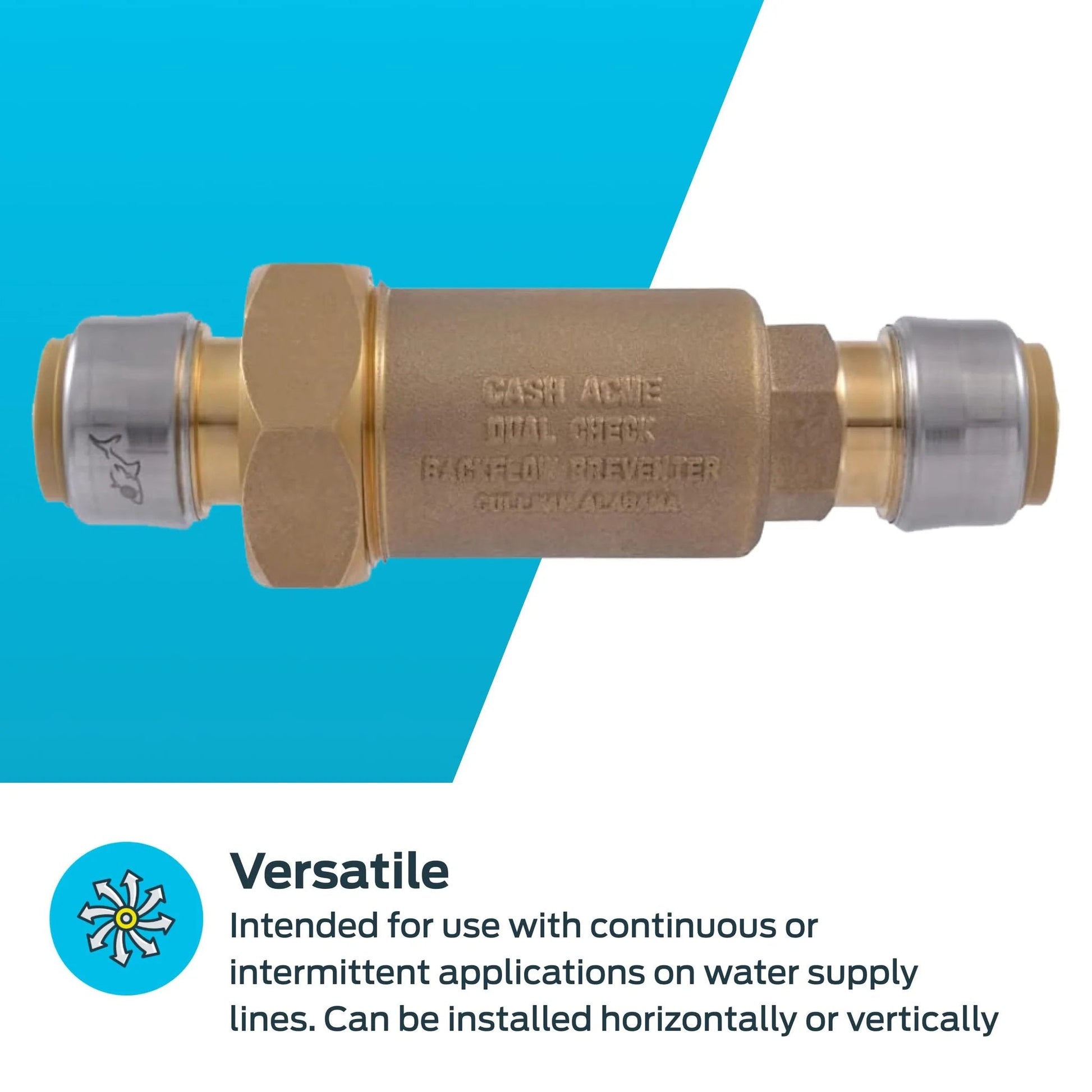 Three Quarter Inch Push To Connect Dual Check Valve For Backflow Prevention In Potable Water Lines SharkBite Compatible