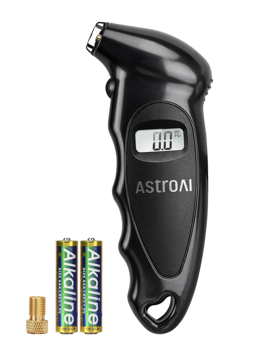 Digital Tire Pressure Gauge 0-150 PSI With Backlit LCD Accurate 0.1 PSI Increments Presta Valve Adaptor 4 Units Of Measurement AAA Battery Powered Car Truck Bicycle Black, showing the black device and batteries.