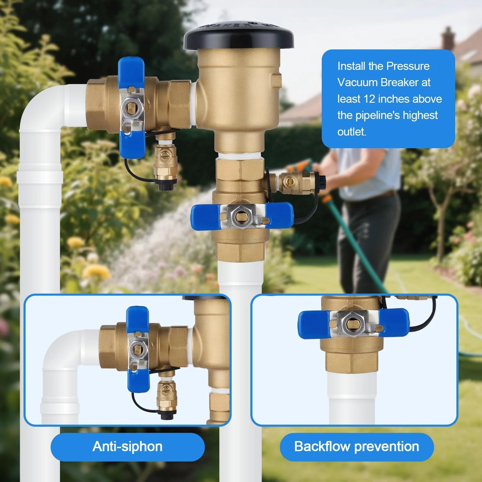 Installed view of Heavy Duty Three Quarter Inch Brass Pressure Vacuum Breaker Assembly Backflow Preventer For Lawn Irrigation Systems Garden Sprinklers Outdoor Water Lines Anti Siphon Protection Up To 400 PSI with anti-siphon and backflow prevention features.