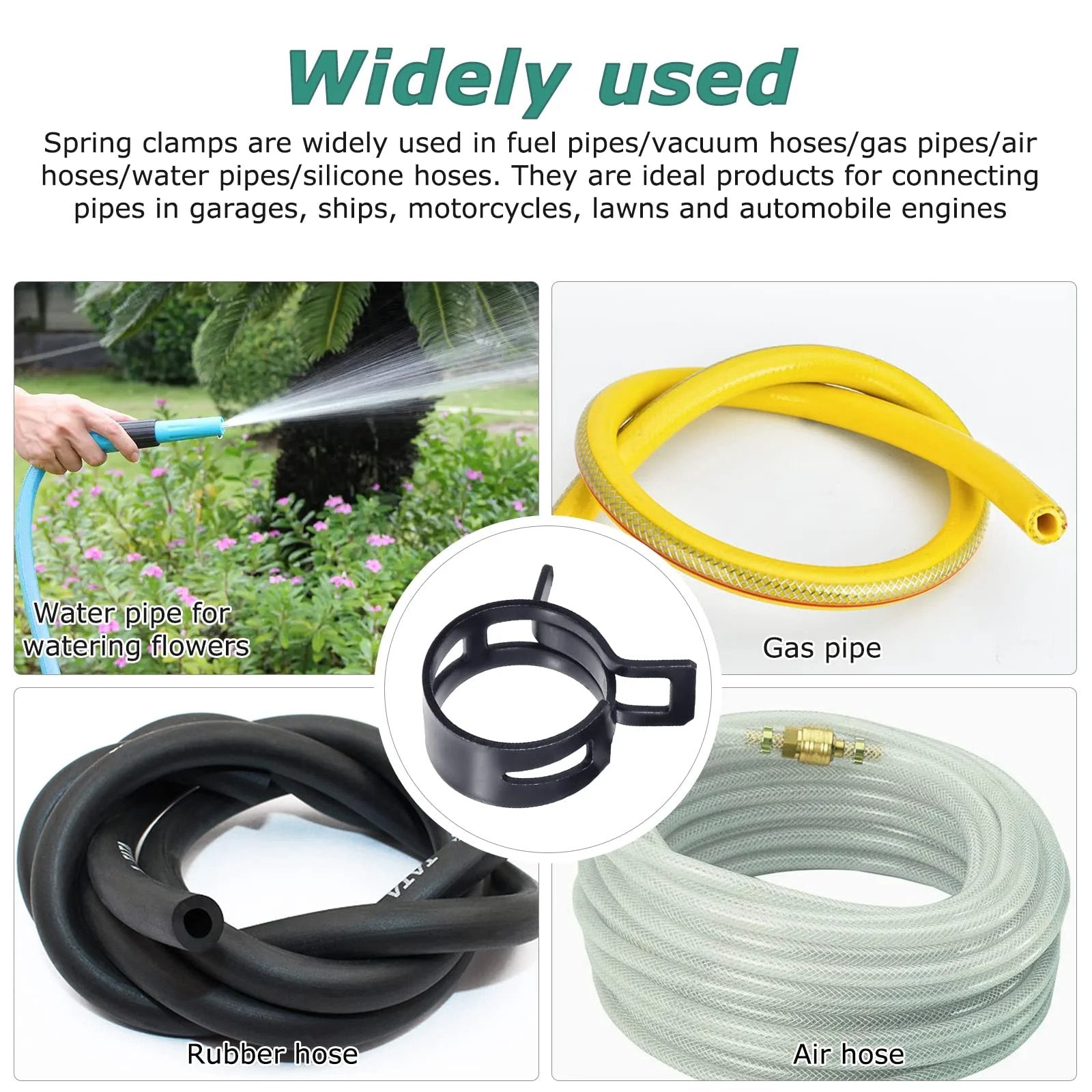 Collage image of hoses including gas, rubber, air hoses for All In One 300Pcs Spring Hose Clamp Kit DIY Friendly 5 To 18mm With Pliers.