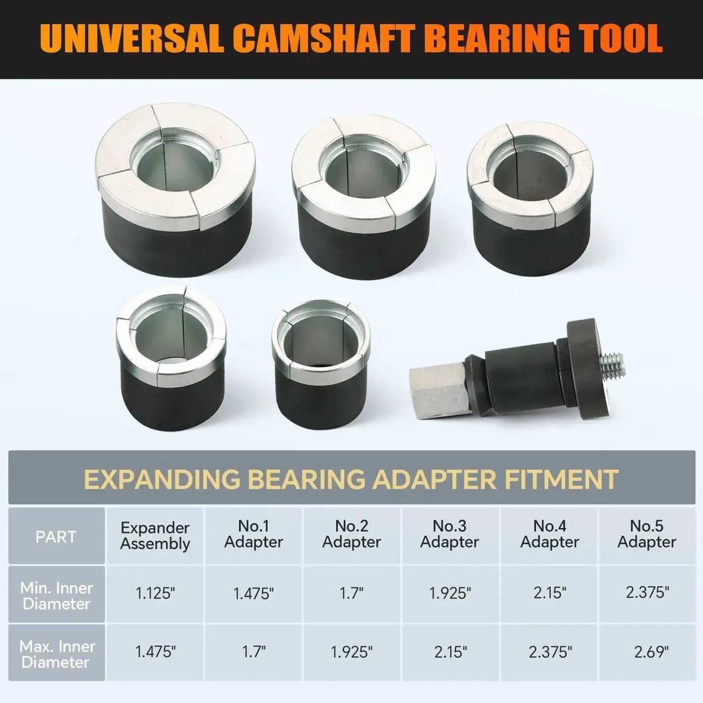 Engine Cam Bearing Removal And Installation Tool Set with adapters and shaft for various engine types, featuring durable 45# steel.