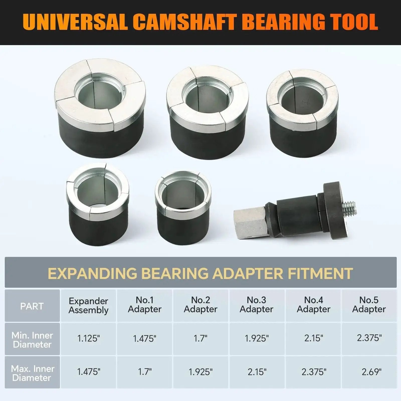 Engine Cam Bearing Removal And Installation Tool Set with adapters and shaft for various engine types, featuring durable 45# steel.