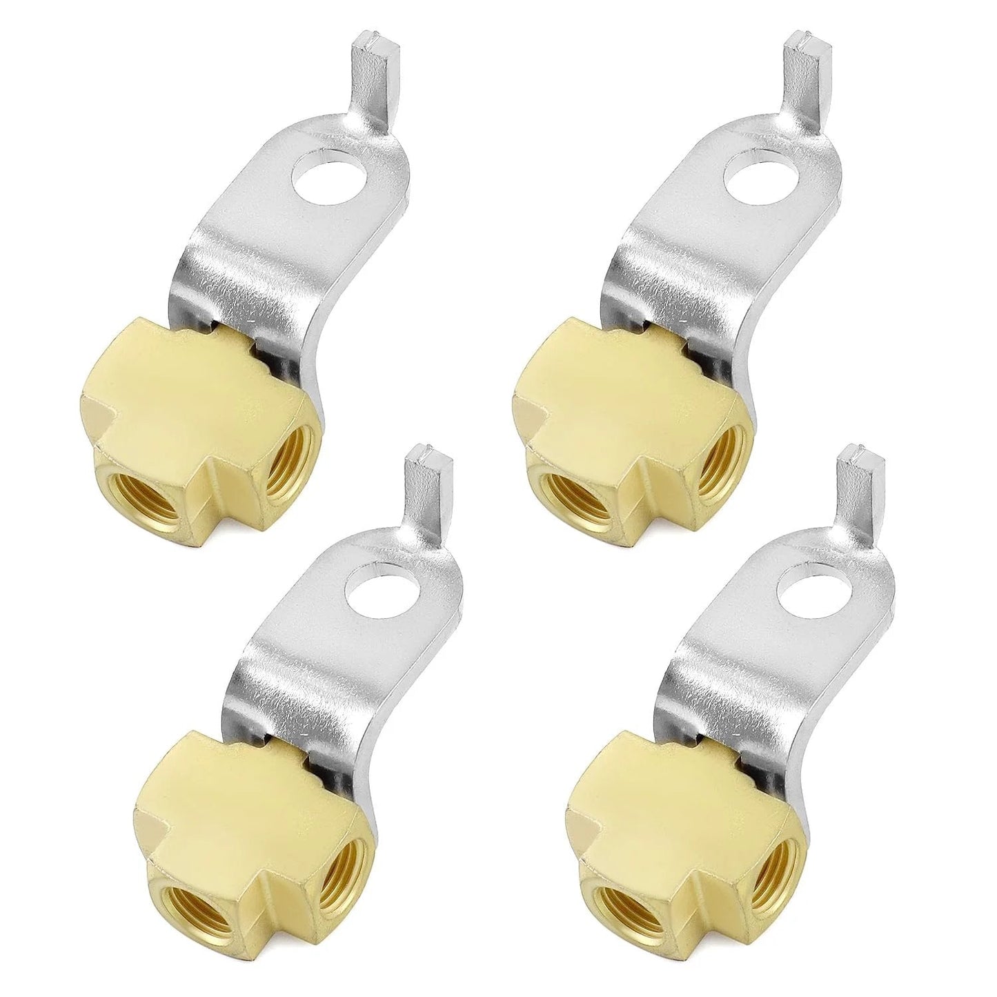 Beefy Durable Brass 3-Way Brake Line Tee Connector For 3/16 Inch Tube With Inverted Flare Fittings 3/8-24 Threads High Pressure Resistance Mounting Bracket 4 Pack By QWORK front view