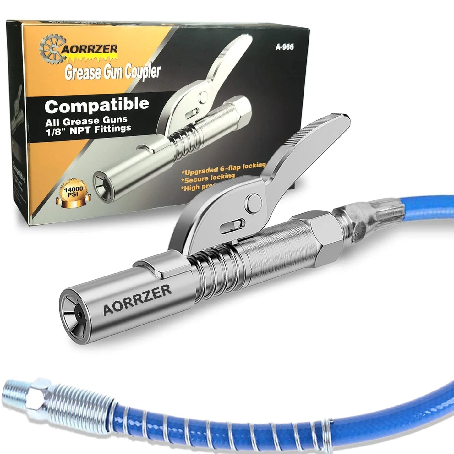Heavy Duty Grease Gun Coupler With 12 Inch Spring Flex Hose And 12000 PSI Quick Release Upgraded 6 Jaw Locking Design Tight Seal