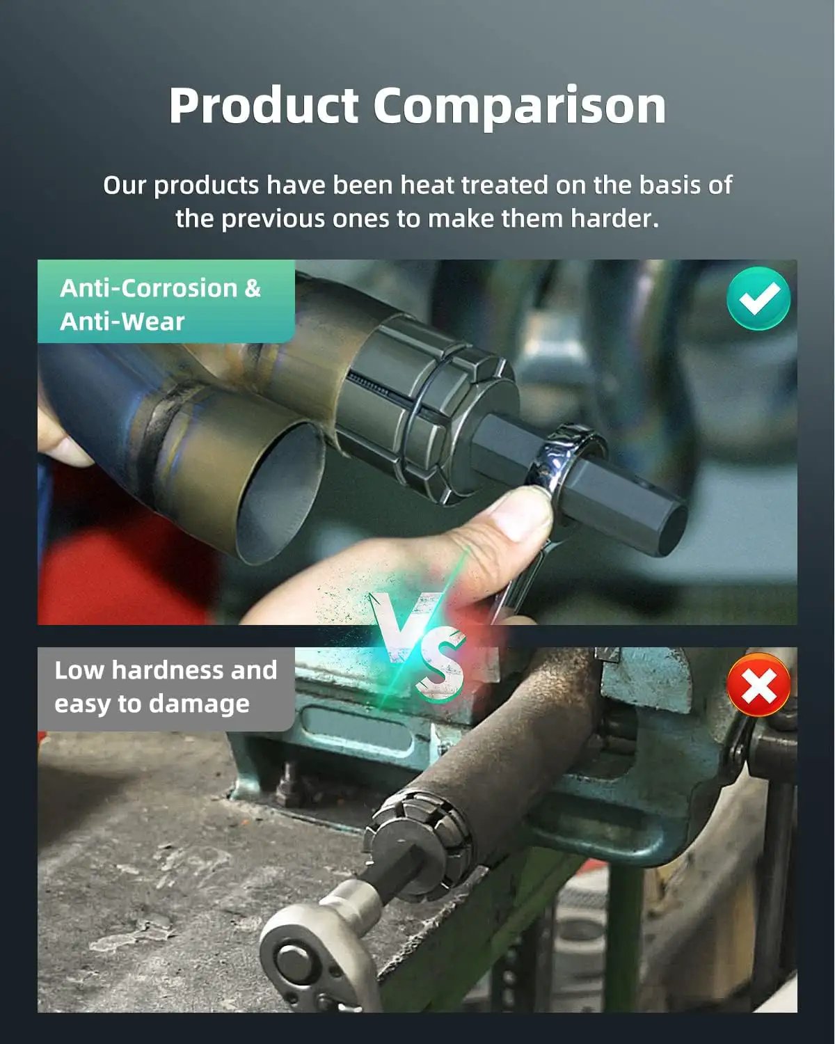 Product comparison of two pipe expander tool sets showing anti-corrosion and anti-wear treatment versus low hardness.