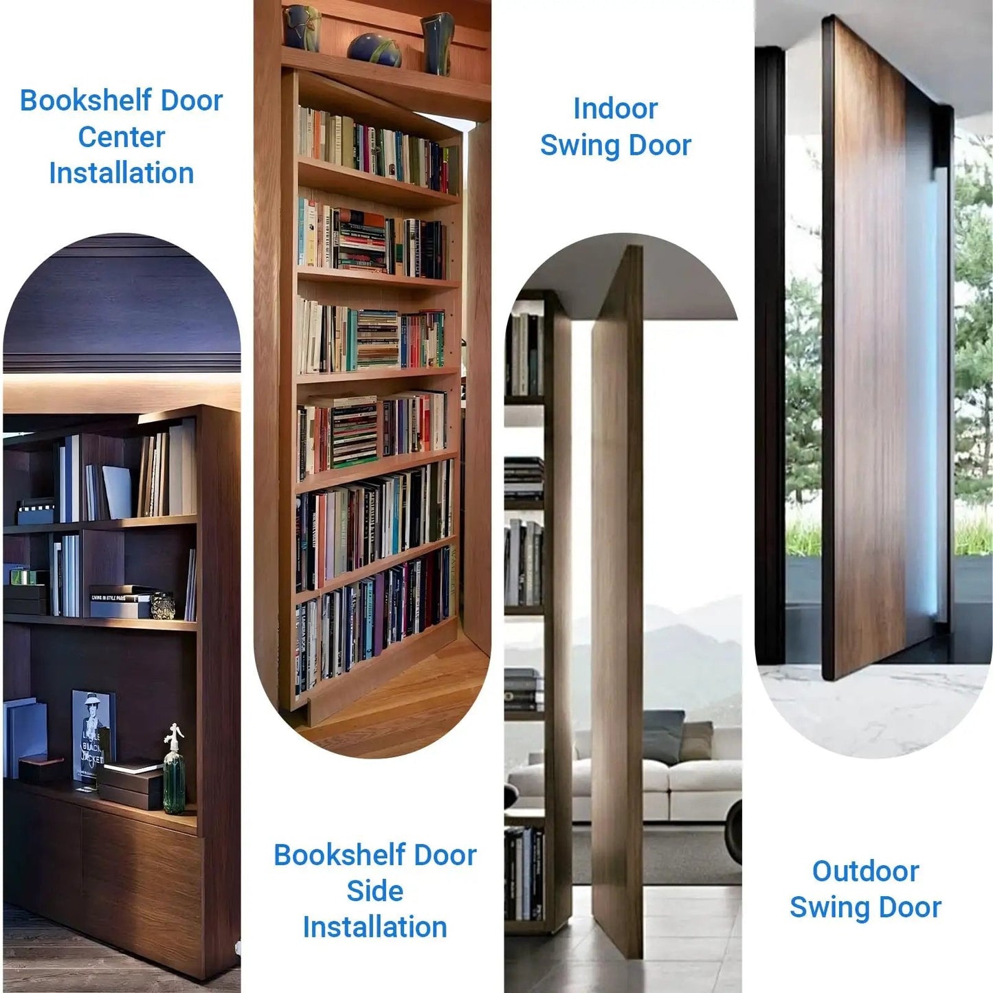Heavy Duty Hidden Door Hinge 570 Lbs Steel Pivot 360 Degree Silent Rotation for Secret Doors Bookcase Murphy Shelf Doors Corrosion Resistant Stainless Steel Hardware shown in various installations, including bookshelf and swing doors.