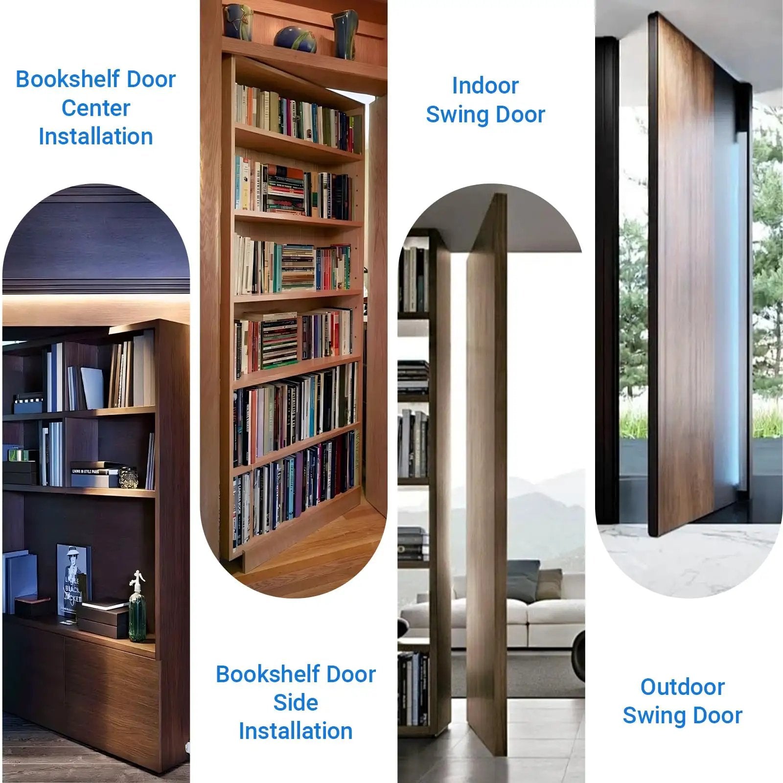 Heavy Duty Hidden Door Hinge 570 Lbs Steel Pivot 360 Degree Silent Rotation for Secret Doors Bookcase Murphy Shelf Doors Corrosion Resistant Stainless Steel Hardware shown in various installations, including bookshelf and swing doors.