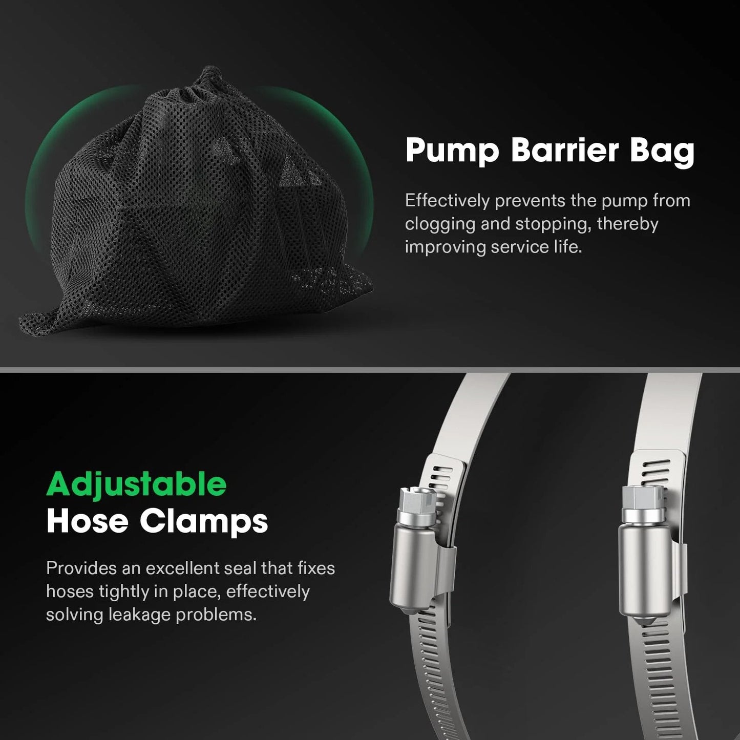 All-Purpose Submersible Pond Pump 1800 GPH, 100W with pump barrier bag and adjustable hose clamps