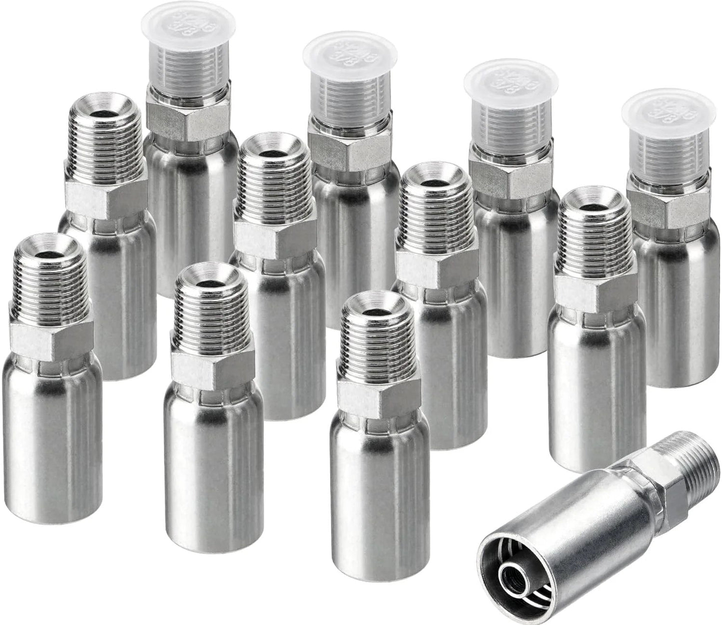 Twelve Pack Hydraulic Hose Fittings Set By Racewill For Three Eighths Inch Inner Diameter Hose With Three Eighths Inch NPTF Male Threads And Protective Covers Crimp Fitting Kit Compatible With Weatherhead Eaton Dayco U Series, showing twelve metal fittings with protective caps.