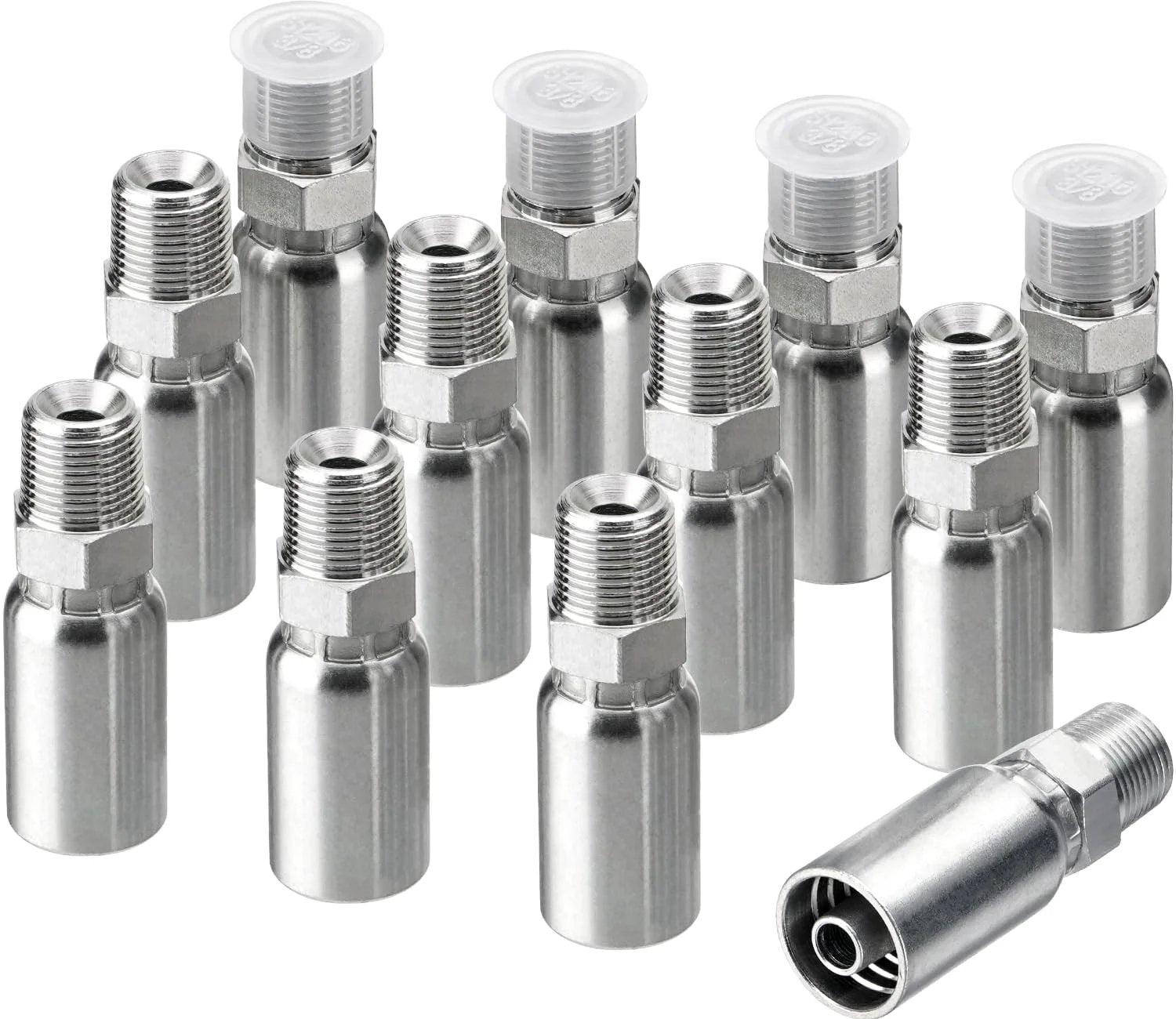 Twelve Pack Hydraulic Hose Fittings Set By Racewill For Three Eighths Inch Inner Diameter Hose With Three Eighths Inch NPTF Male Threads And Protective Covers Crimp Fitting Kit Compatible With Weatherhead Eaton Dayco U Series, showing twelve metal fittings with protective caps.