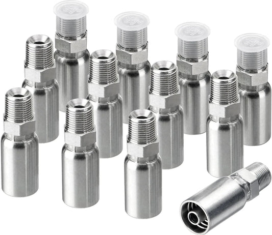 Twelve Pack Hydraulic Hose Fittings Set By Racewill For Three Eighths Inch Inner Diameter Hose With Three Eighths Inch NPTF Male Threads And Protective Covers Crimp Fitting Kit Compatible With Weatherhead Eaton Dayco U Series, showing twelve metal fittings with protective caps.