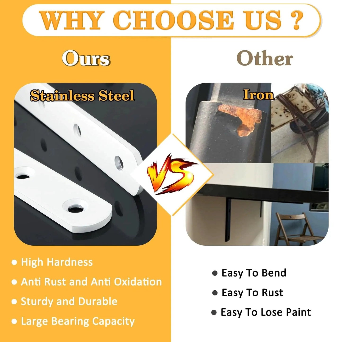 Comparison of Heavy Duty L Shelf Brackets Stainless Steel 5x3 Inch White Wall Corner Braces and iron brackets showing durability differences.