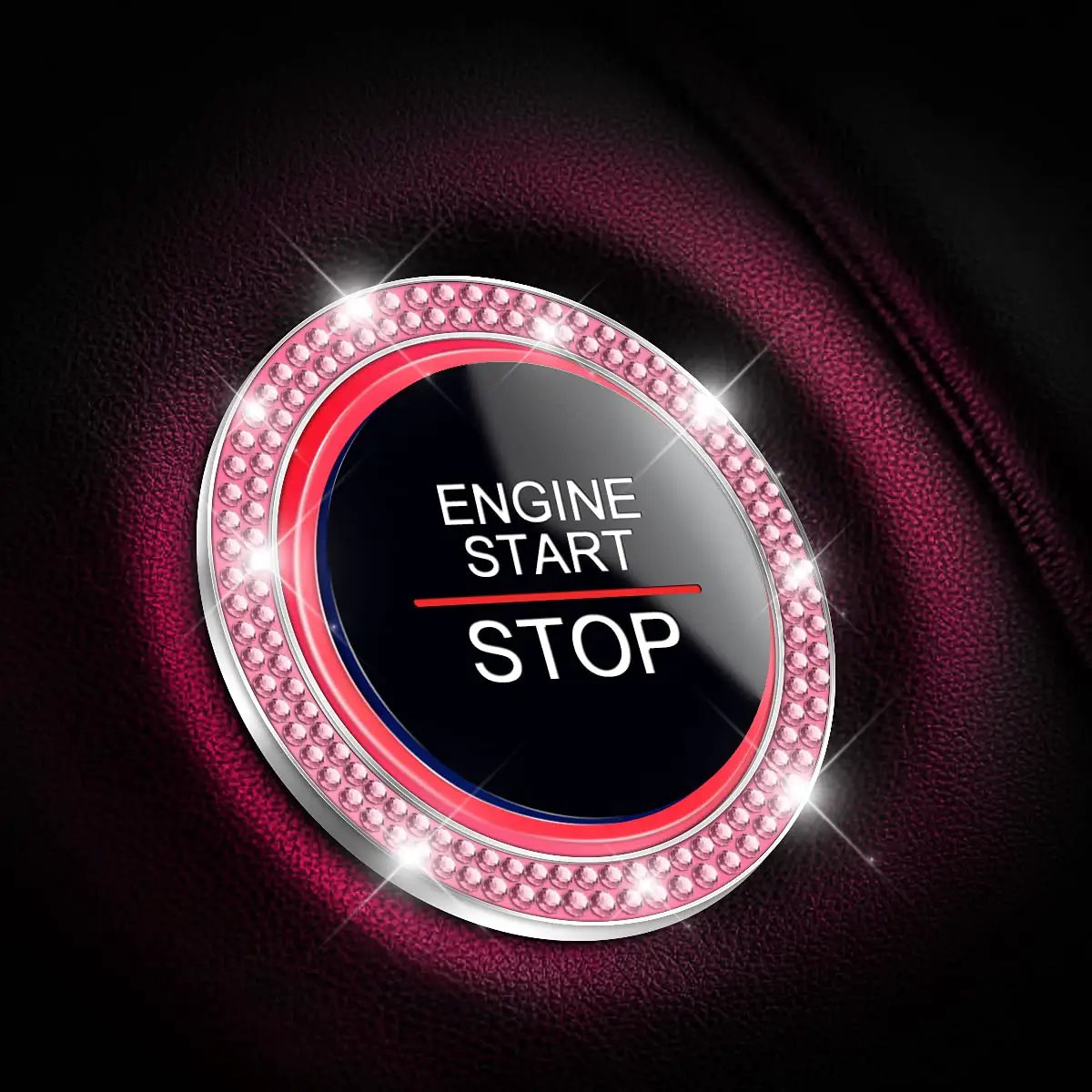 Close-up of Pink Car Start Button Bling Ring Set 2 Pack Crystal Rhinestone decals around engine start button in luxury car interior.