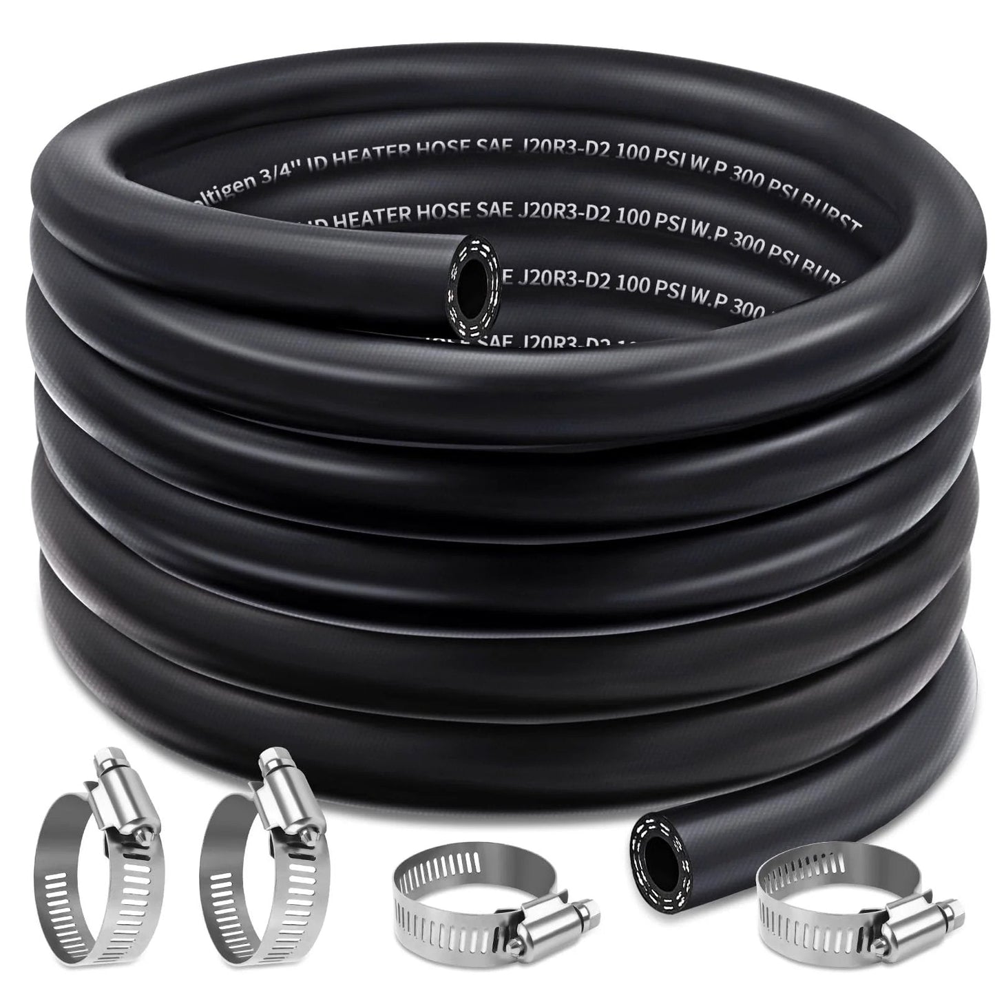 Five Eighth Inch Heater Hose For Water Coolant And Fuel Systems, EPDM Hose With Two Spiral Layers, coiled view with clamps