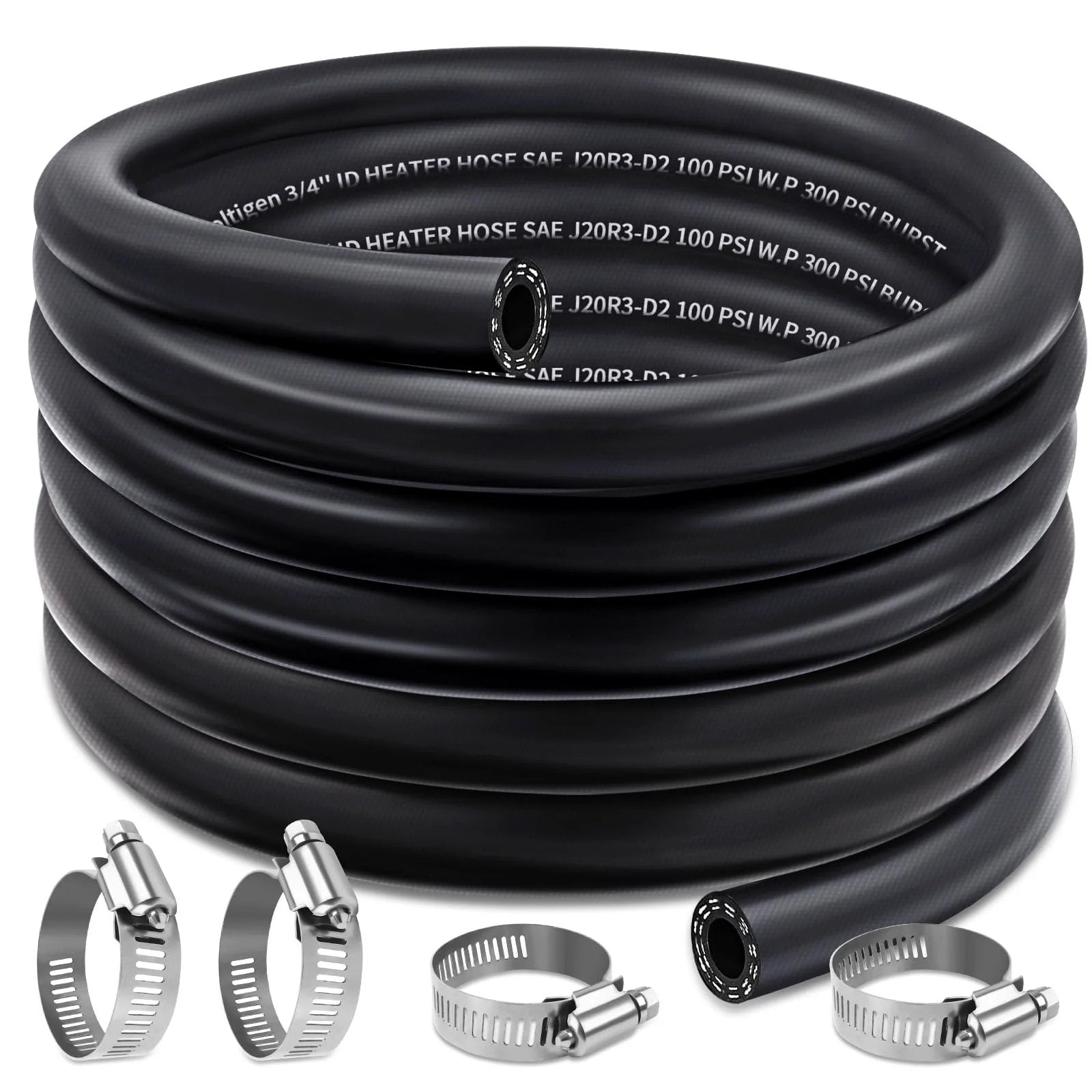 Five Eighth Inch Heater Hose For Water Coolant And Fuel Systems, EPDM Hose With Two Spiral Layers, coiled view with clamps