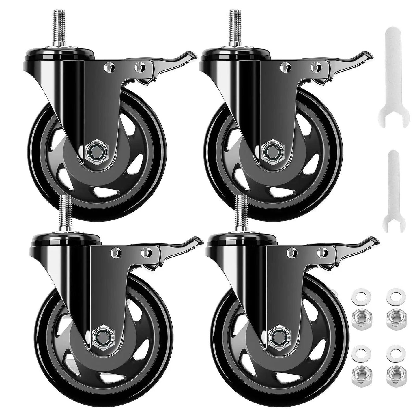Four Inch Stem Caster Wheels Set Of Four Heavy Duty With Half Inch 13 UNC X 1 Threaded Stem Dual Lock Brakes Industrial Castors