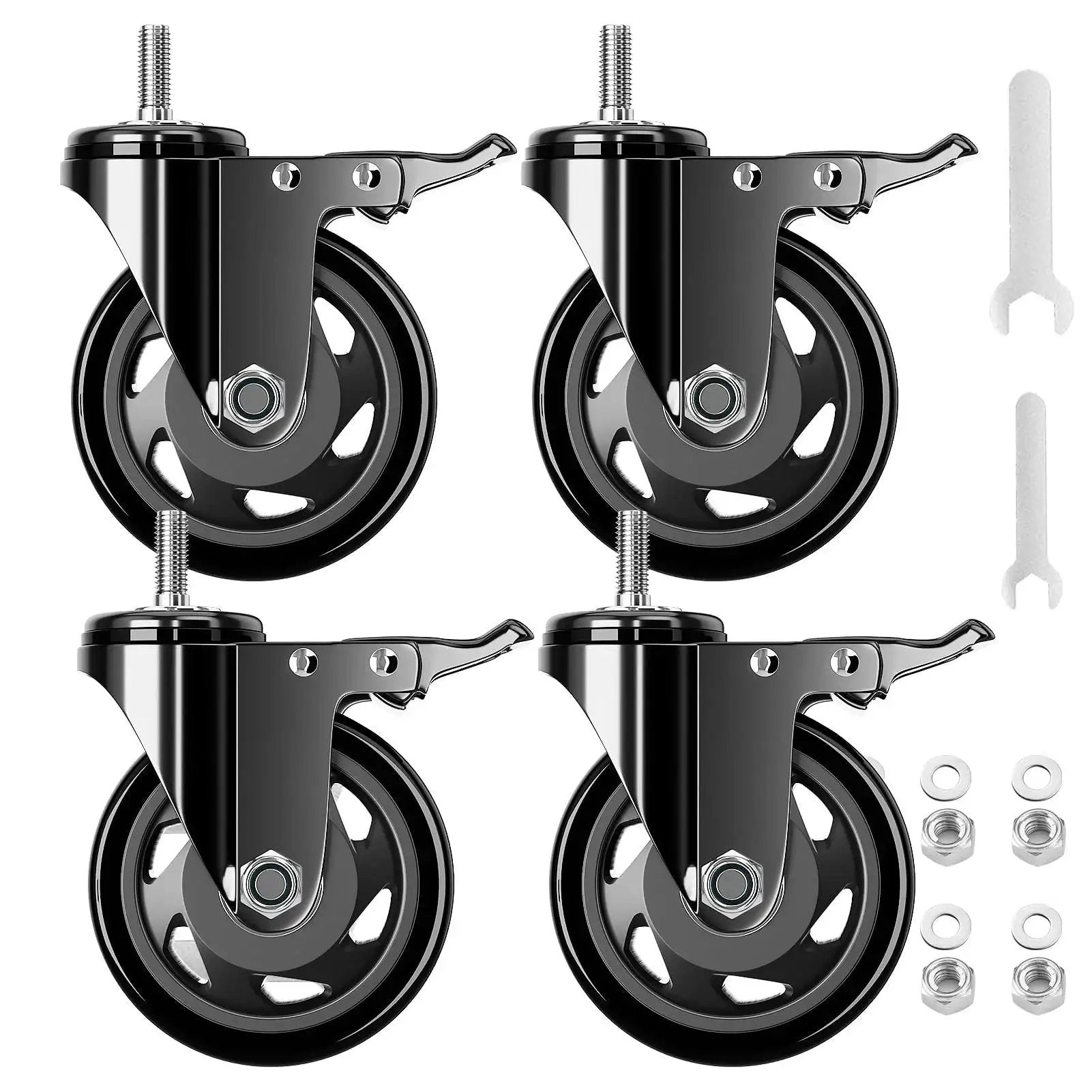 Four Inch Stem Caster Wheels Set Of Four Heavy Duty With Half Inch 13 UNC X 1 Threaded Stem Dual Lock Brakes Industrial Castors