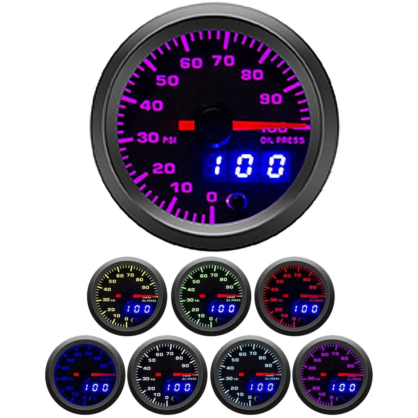 Oil Pressure Gauge Kit 52mm With 7 Color LED Digital Readouts 0 To 100 PSI Black Dial Clear Lens for 12V systems