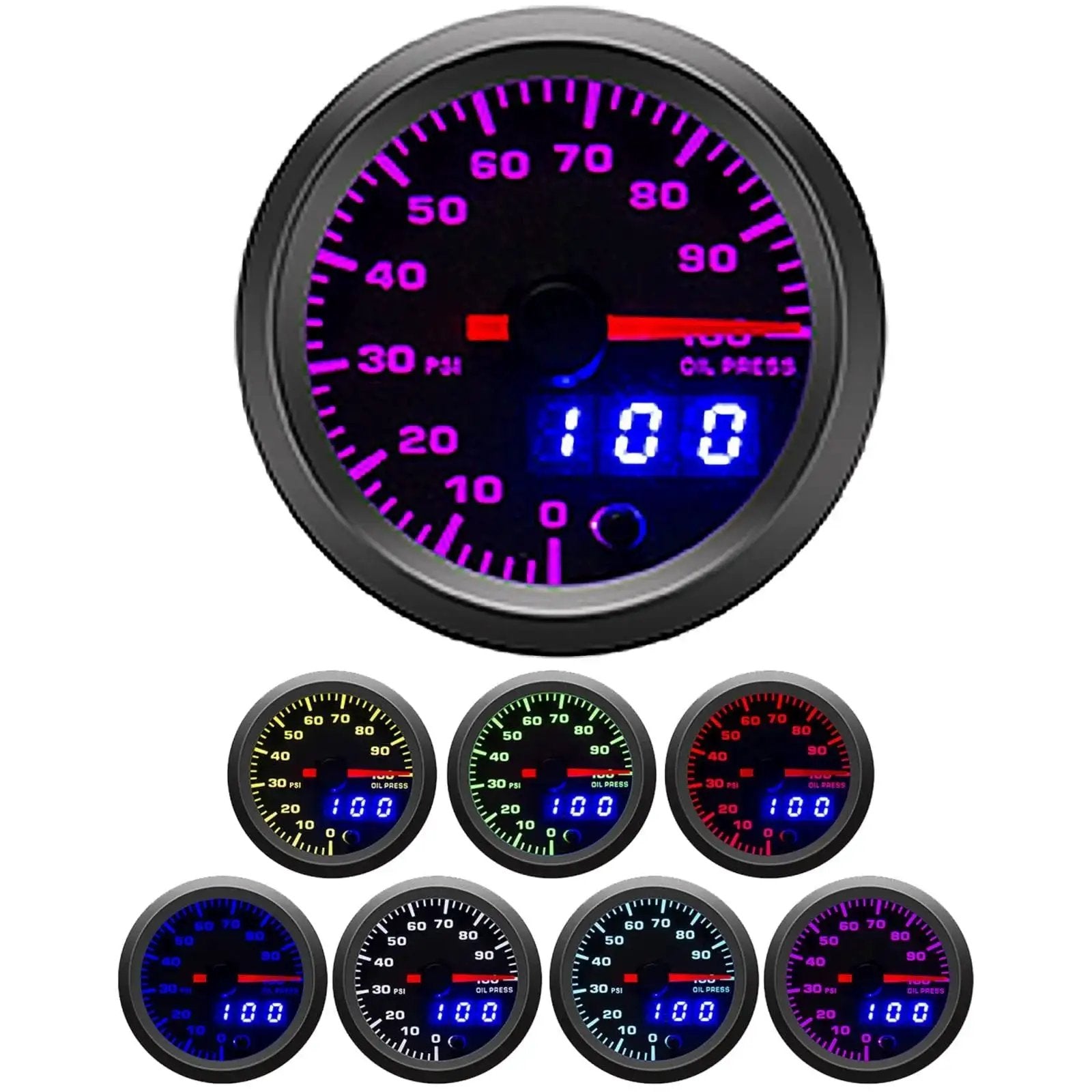 Oil Pressure Gauge Kit 52mm With 7 Color LED Digital Readouts 0 To 100 PSI Black Dial Clear Lens for 12V systems