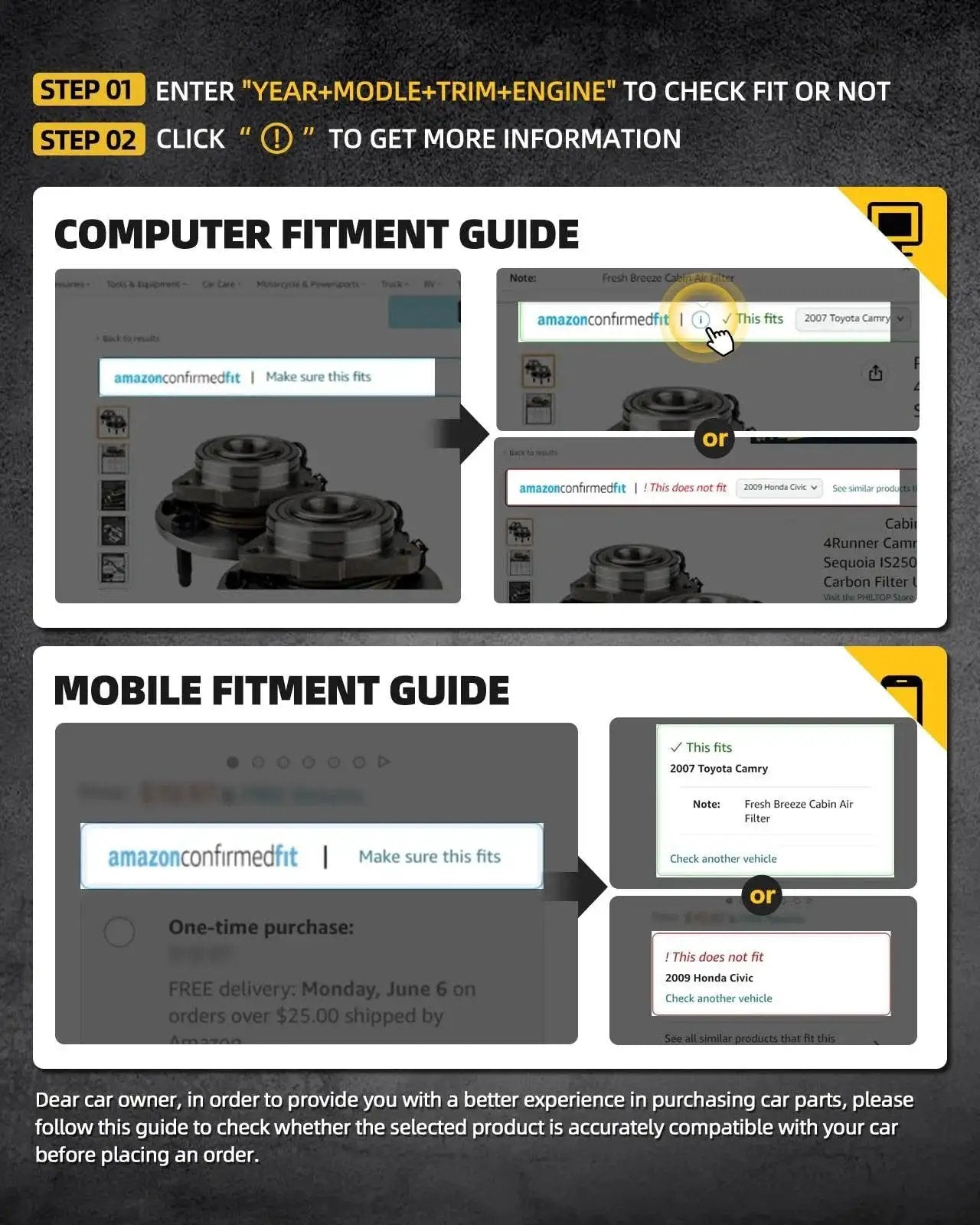 Image showing computer and mobile fitment guide for Amazon confirmed fit, highlighting steps to check compatibility for car parts.