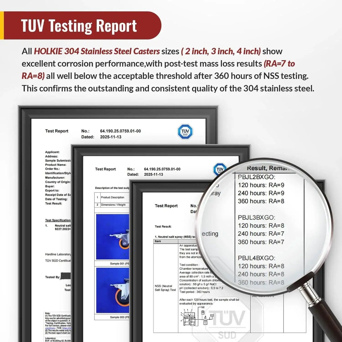 TUV testing report for Stainless Steel 4 Inch Casters Set Of Four For Furniture And Equipment Anti Rust 304 Stainless Steel Heavy Duty Wheels