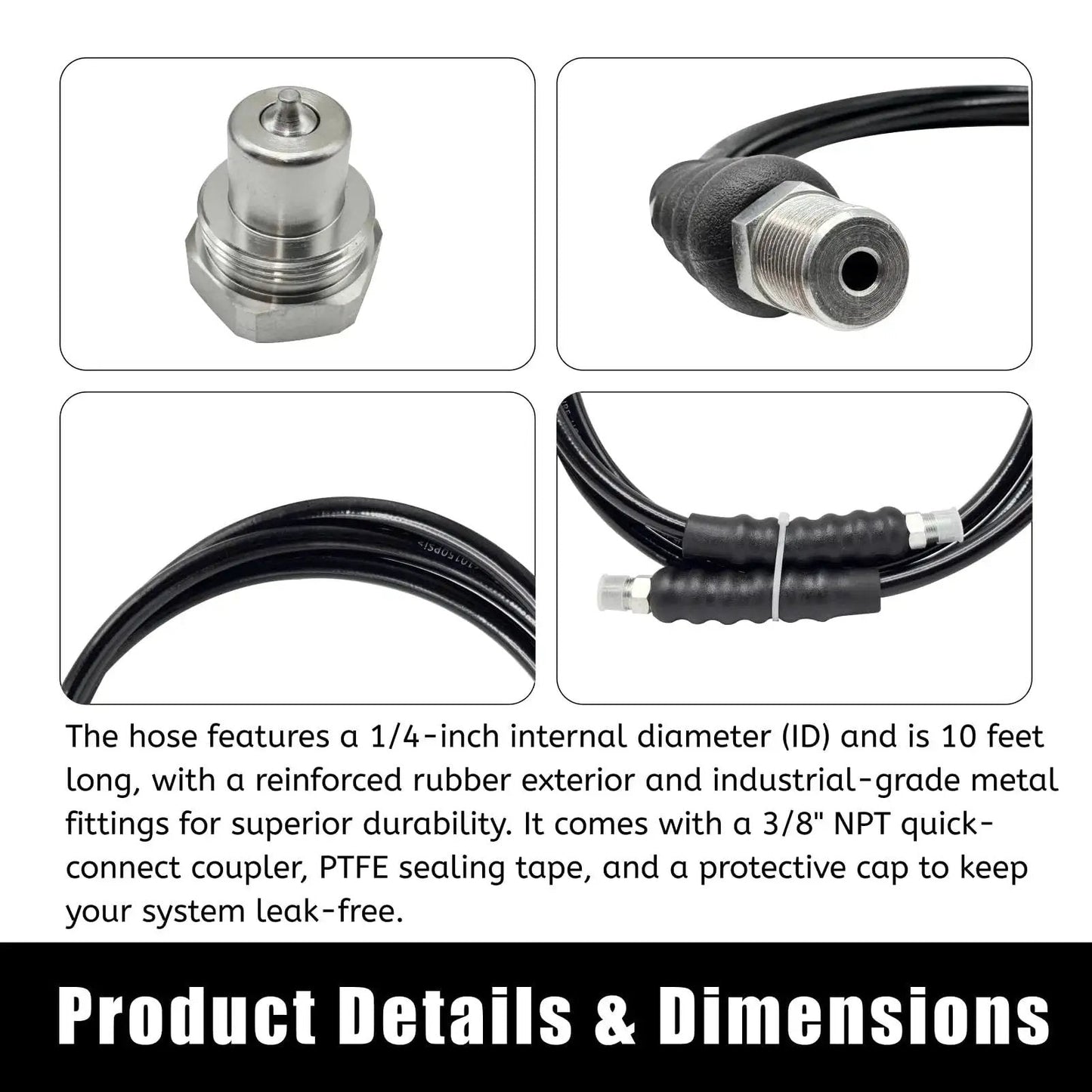 Pro Grade Built Tough 10 Foot High Pressure Hydraulic Hose Kit 10000 PSI CH604 with coupler cap, 1/4 inch ID, 3/8 inch NPT thread
