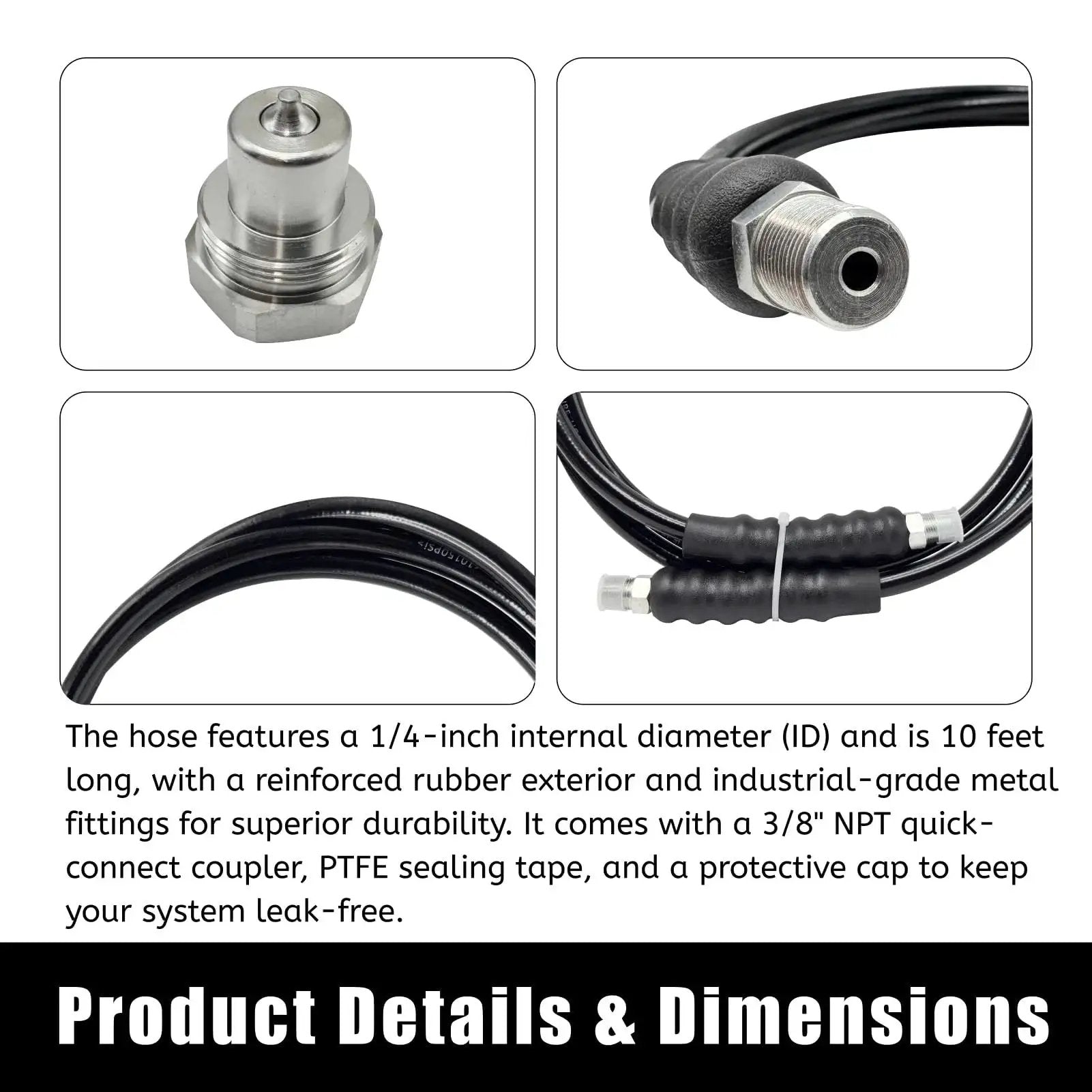 Pro Grade Built Tough 10 Foot High Pressure Hydraulic Hose Kit 10000 PSI CH604 with coupler cap, 1/4 inch ID, 3/8 inch NPT thread